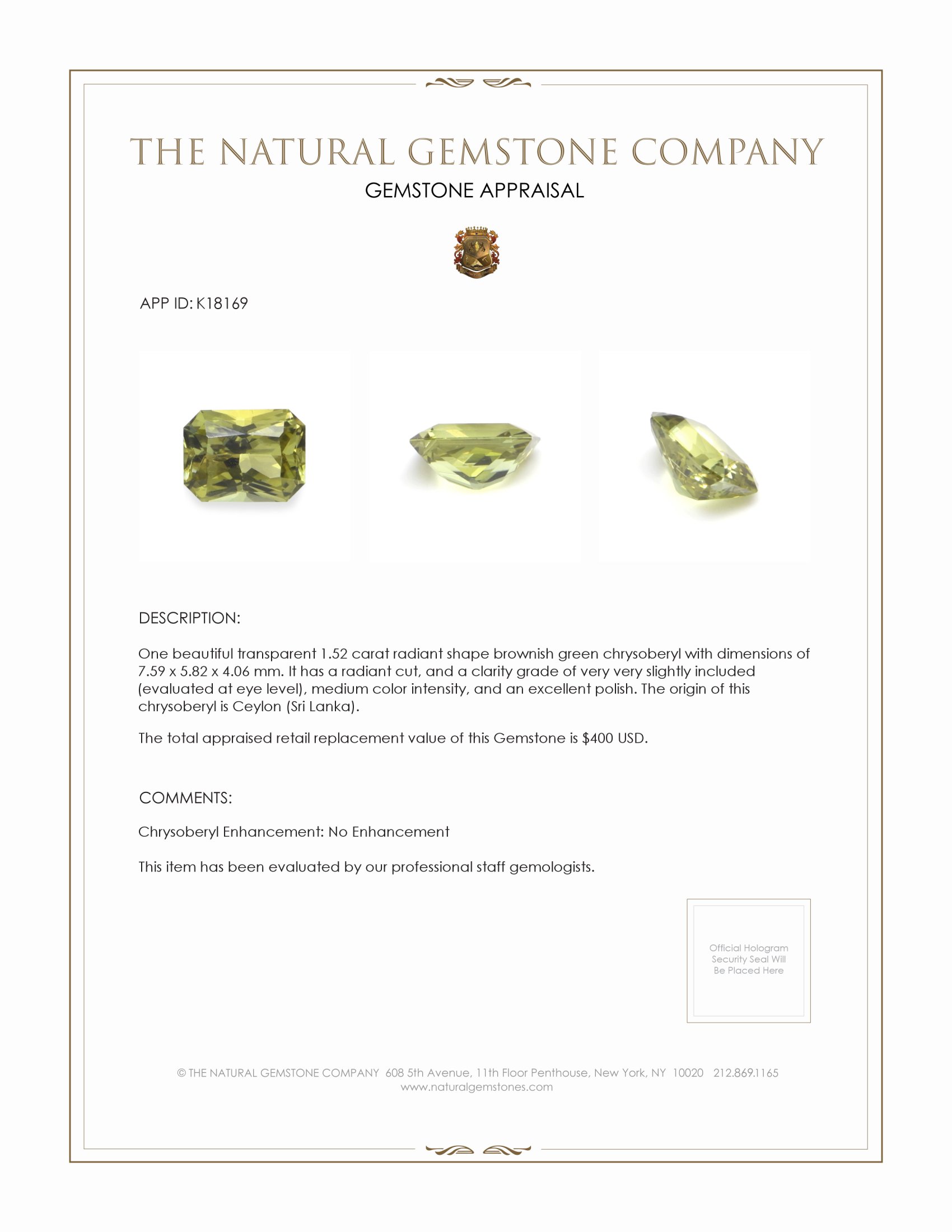 1.52 Ct. Chrysoberyl from Ceylon (Sri Lanka)