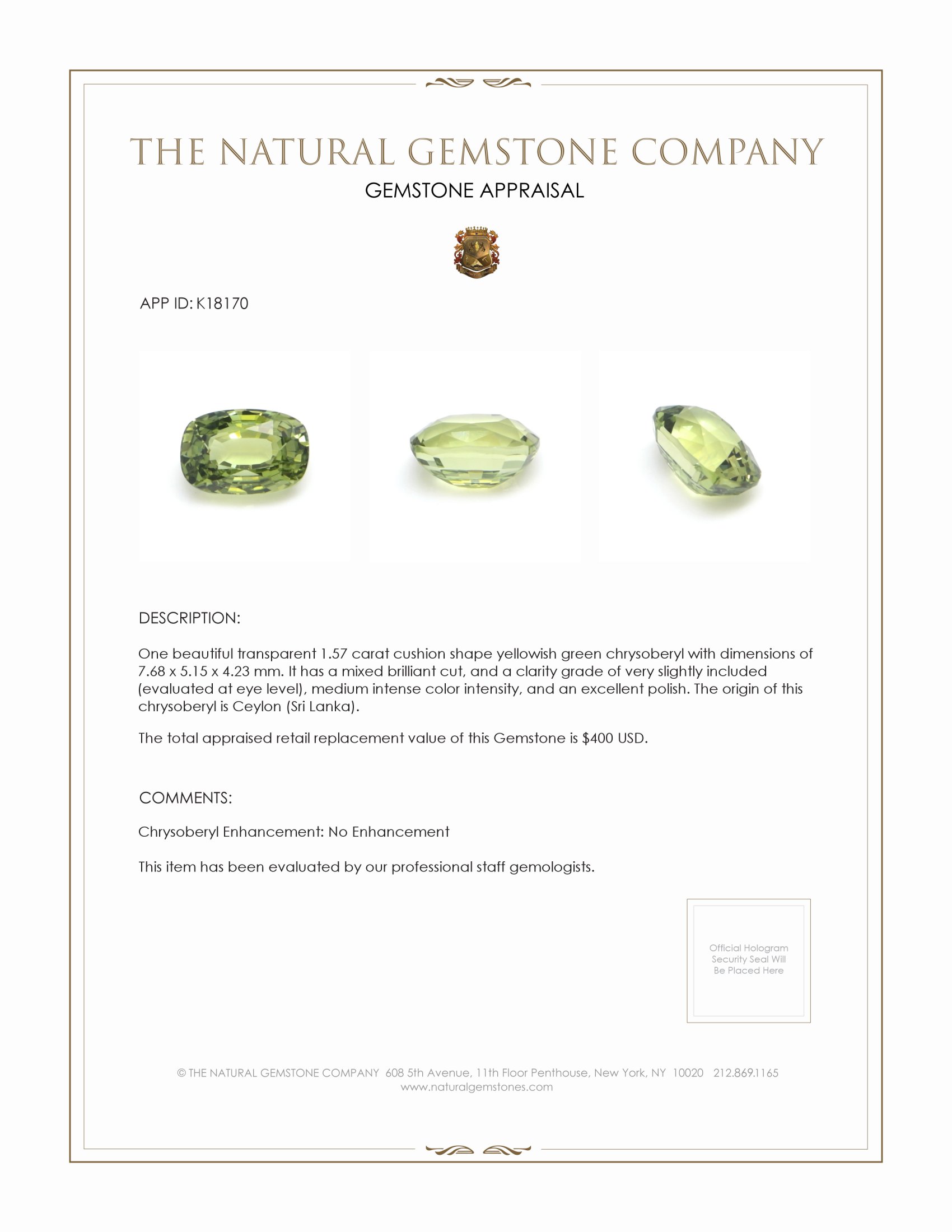 1.57 Ct. Yellowish Green Chrysoberyl from Ceylon (Sri Lanka)