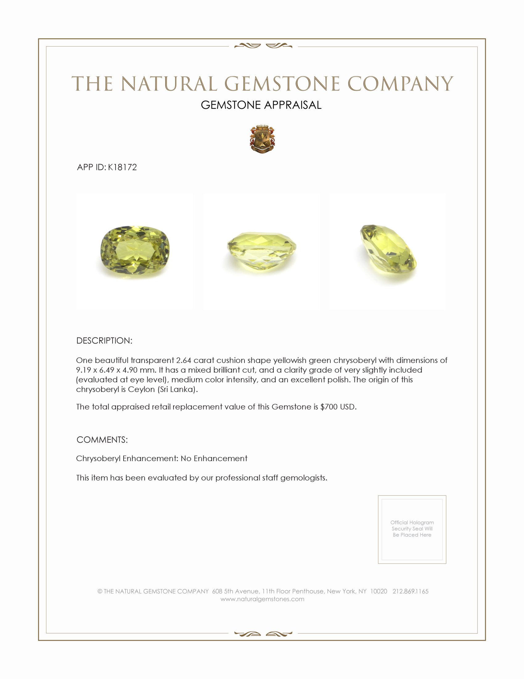 2.64 Ct. Chrysoberyl from Ceylon (Sri Lanka)