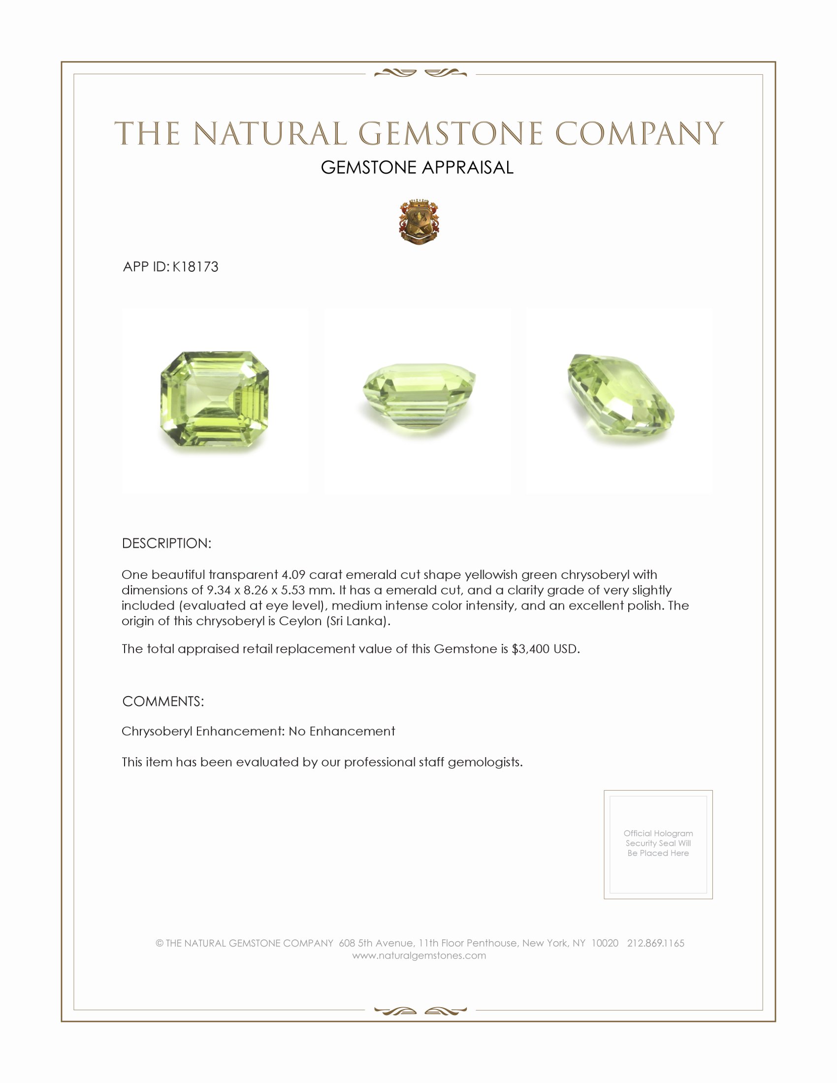 4.09 Ct. Yellowish Green Chrysoberyl from Ceylon (Sri Lanka)