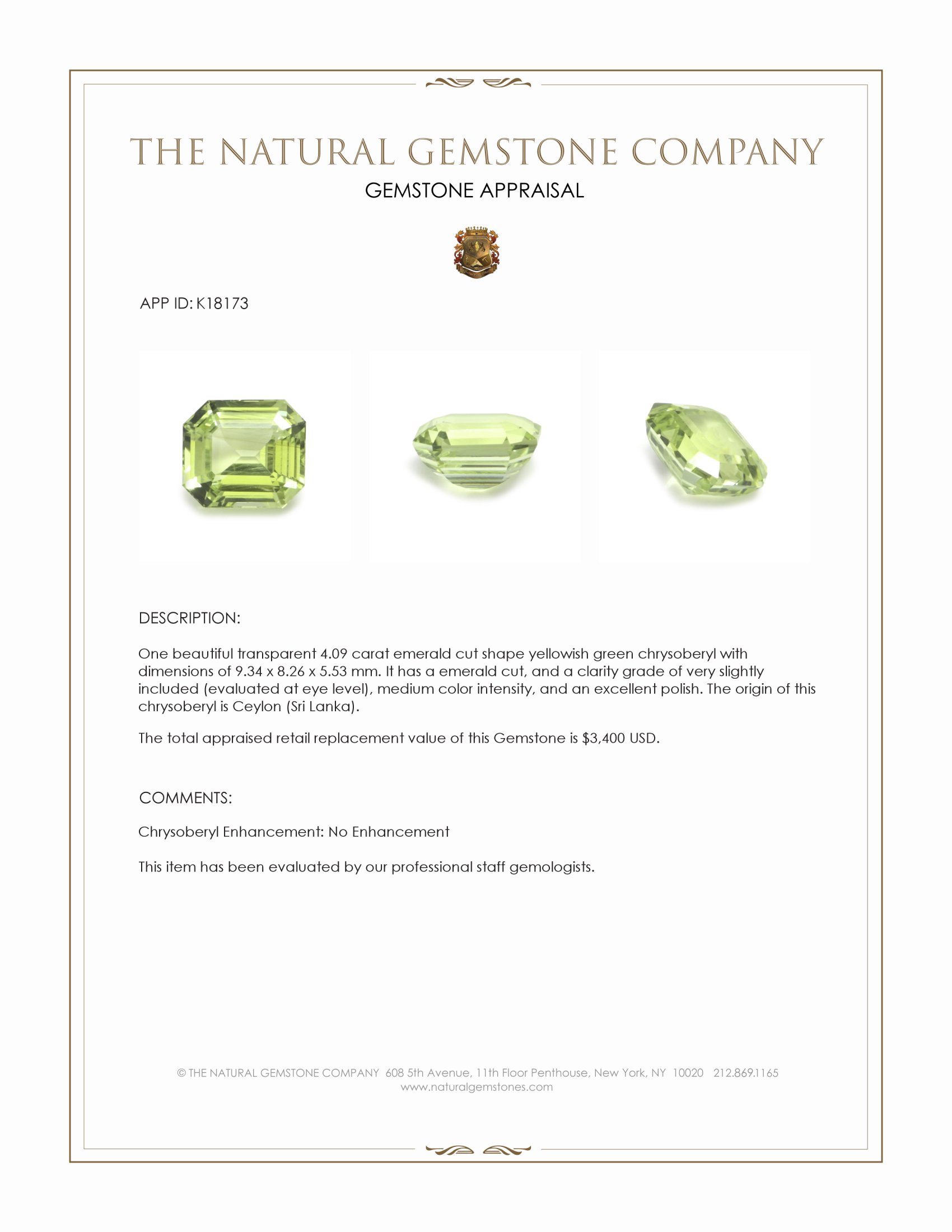 4.09 Ct. Chrysoberyl from Ceylon (Sri Lanka)