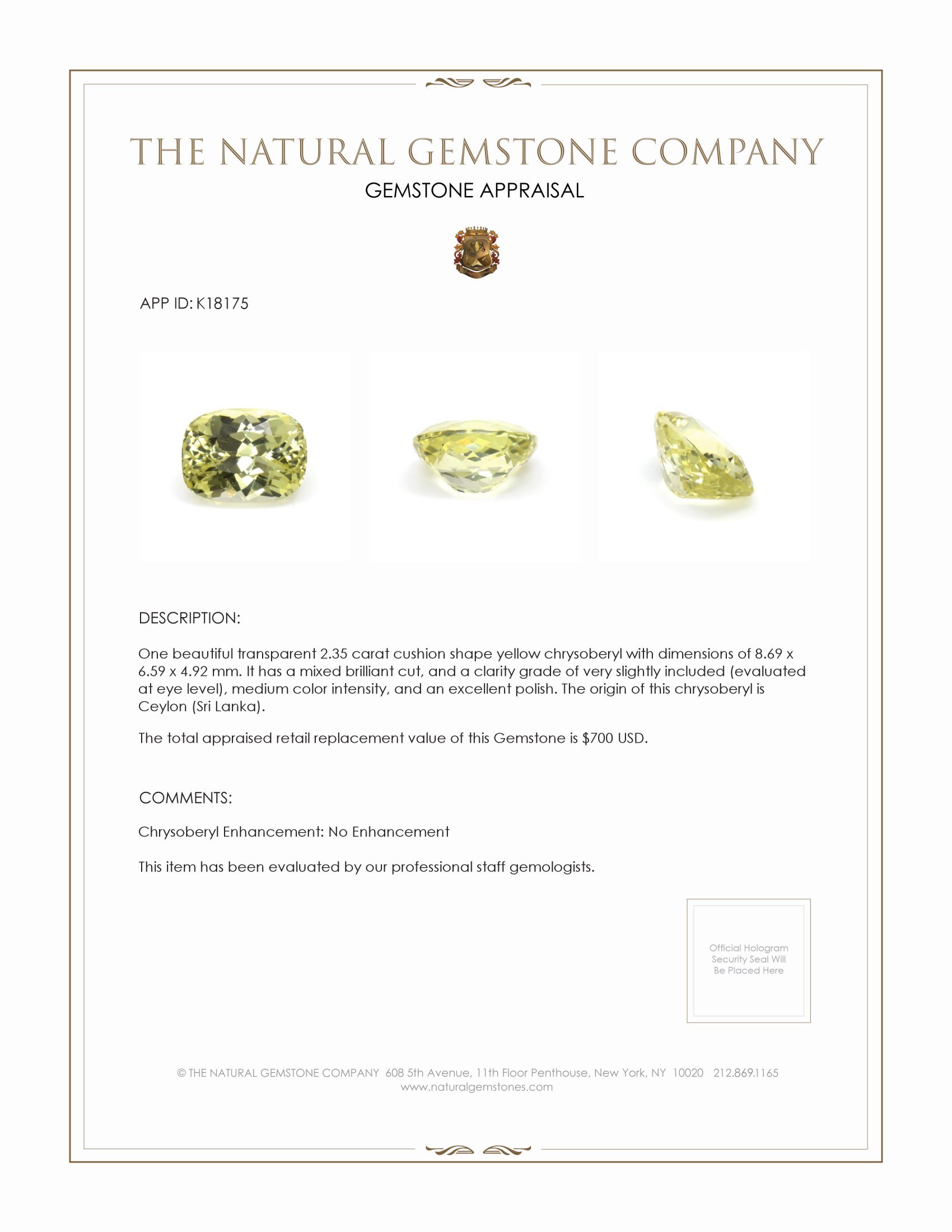 2.35 Ct. Yellow Chrysoberyl from Ceylon (Sri Lanka)