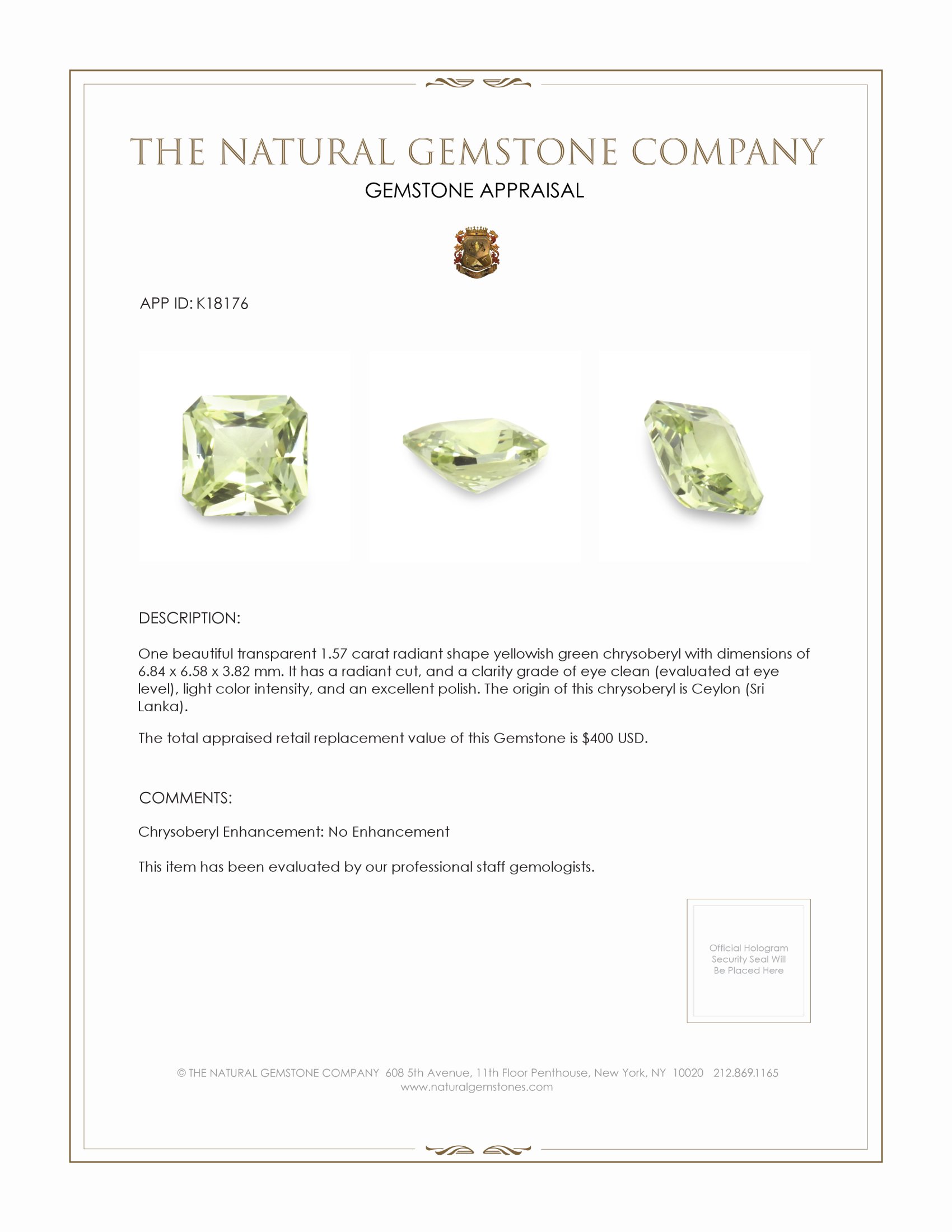 1.57 Ct. Yellowish Green Chrysoberyl from Ceylon (Sri Lanka)