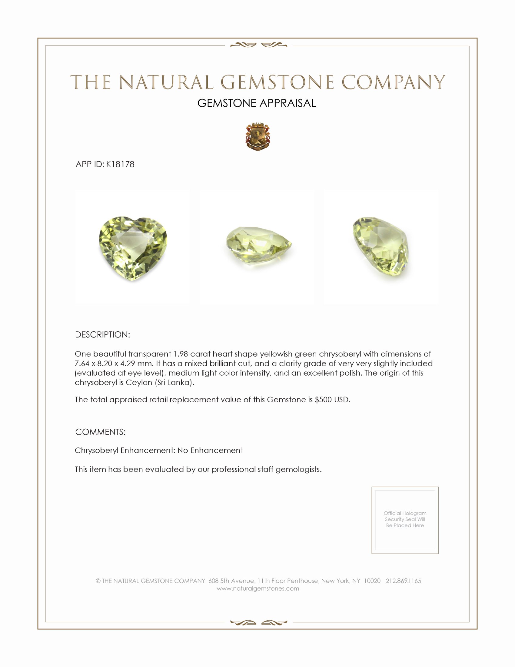 1.98 Ct. Yellowish Green Chrysoberyl from Ceylon (Sri Lanka)