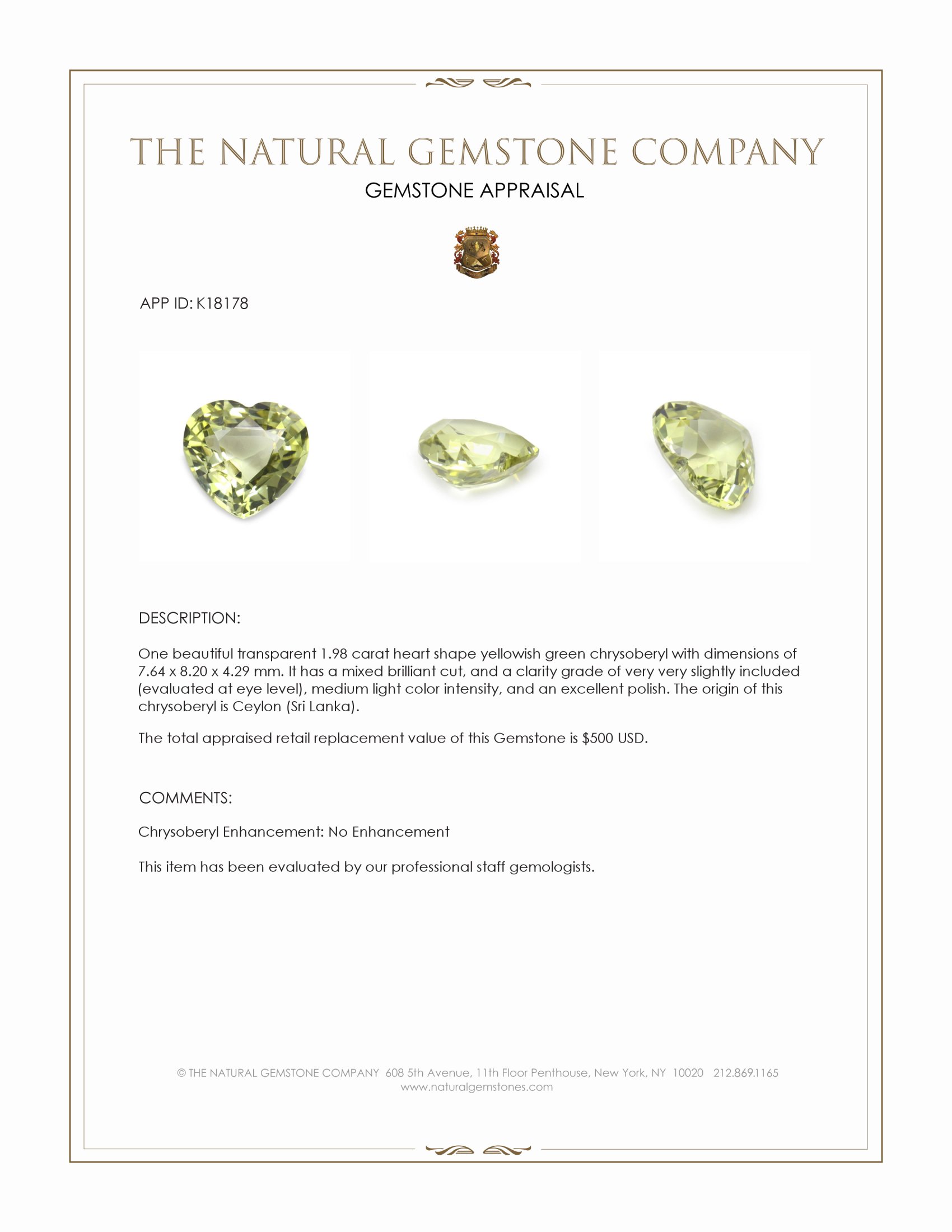 1.98 Ct. Chrysoberyl from Ceylon (Sri Lanka)