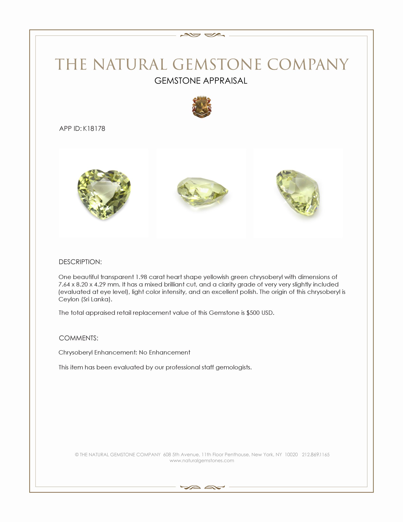 1.98 Ct. Chrysoberyl from Ceylon (Sri Lanka)