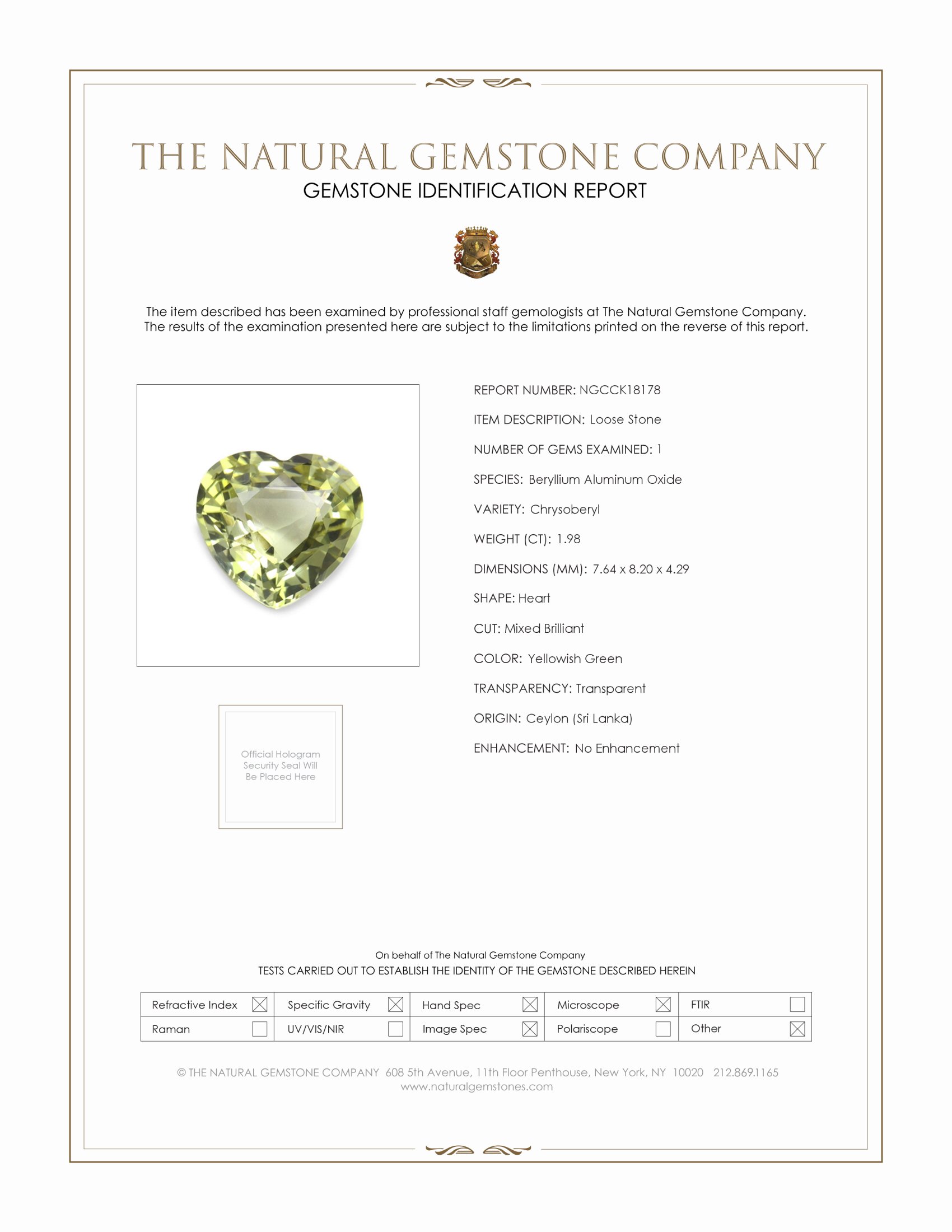 1.98 Ct. Yellowish Green Chrysoberyl from Ceylon (Sri Lanka)