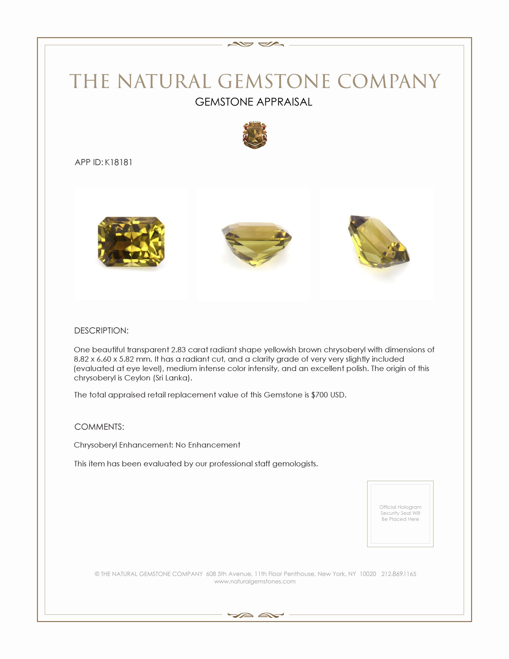 2.83 Ct. Yellowish Brown Chrysoberyl from Ceylon (Sri Lanka)