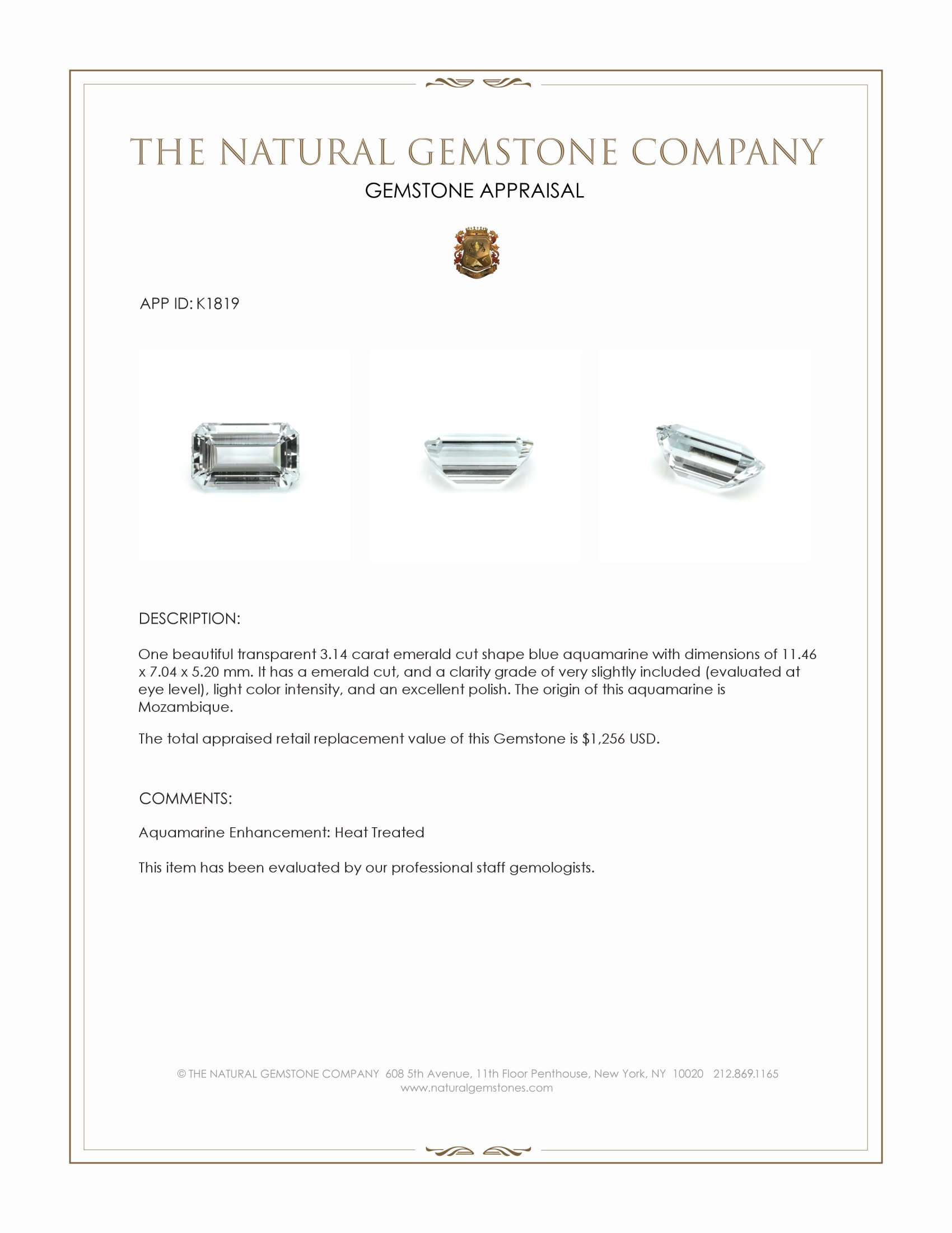 3.14 Ct. Blue Aquamarine from Mozambique