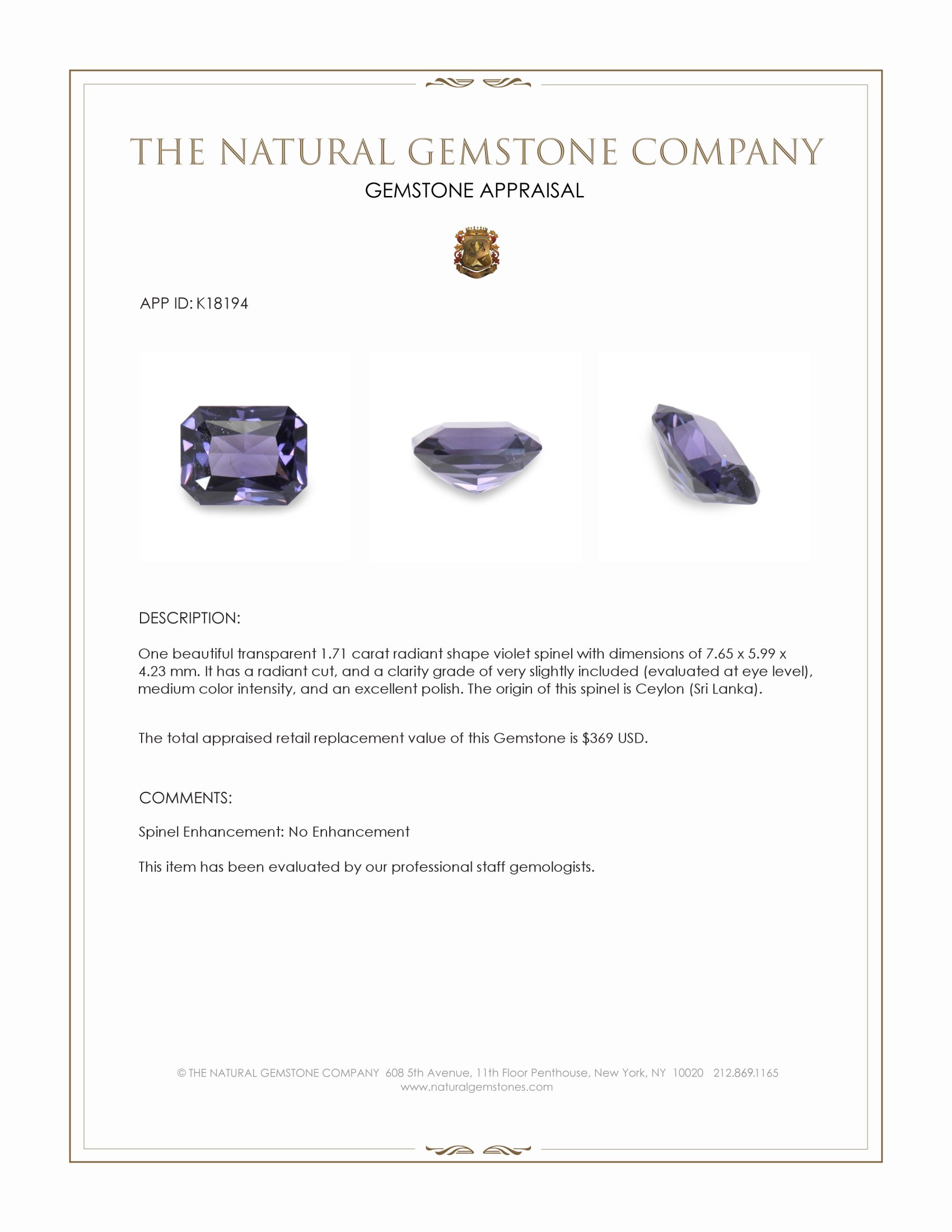 1.71 Ct. Violet Spinel from Ceylon (Sri Lanka)