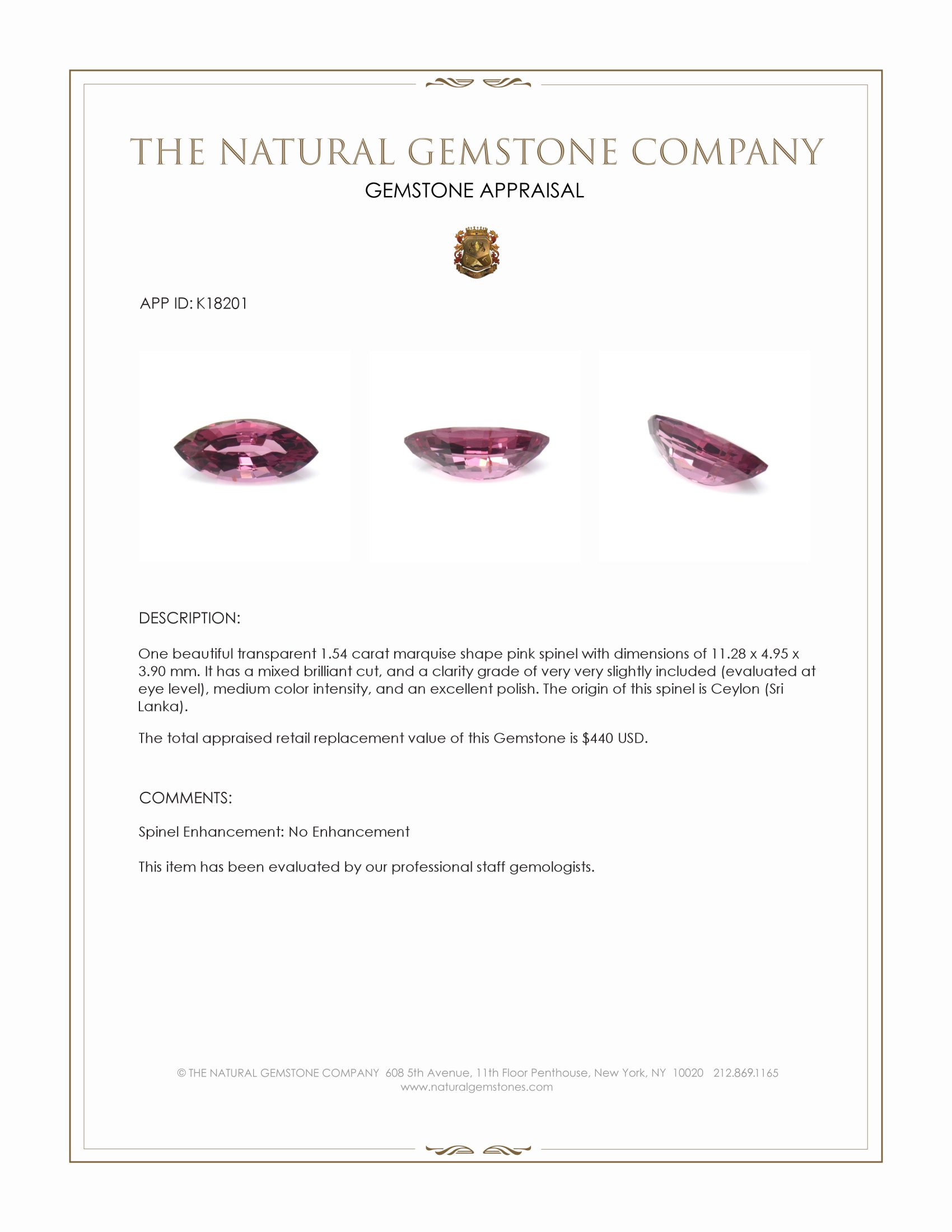 1.54 Ct. Pink Spinel from Ceylon (Sri Lanka)