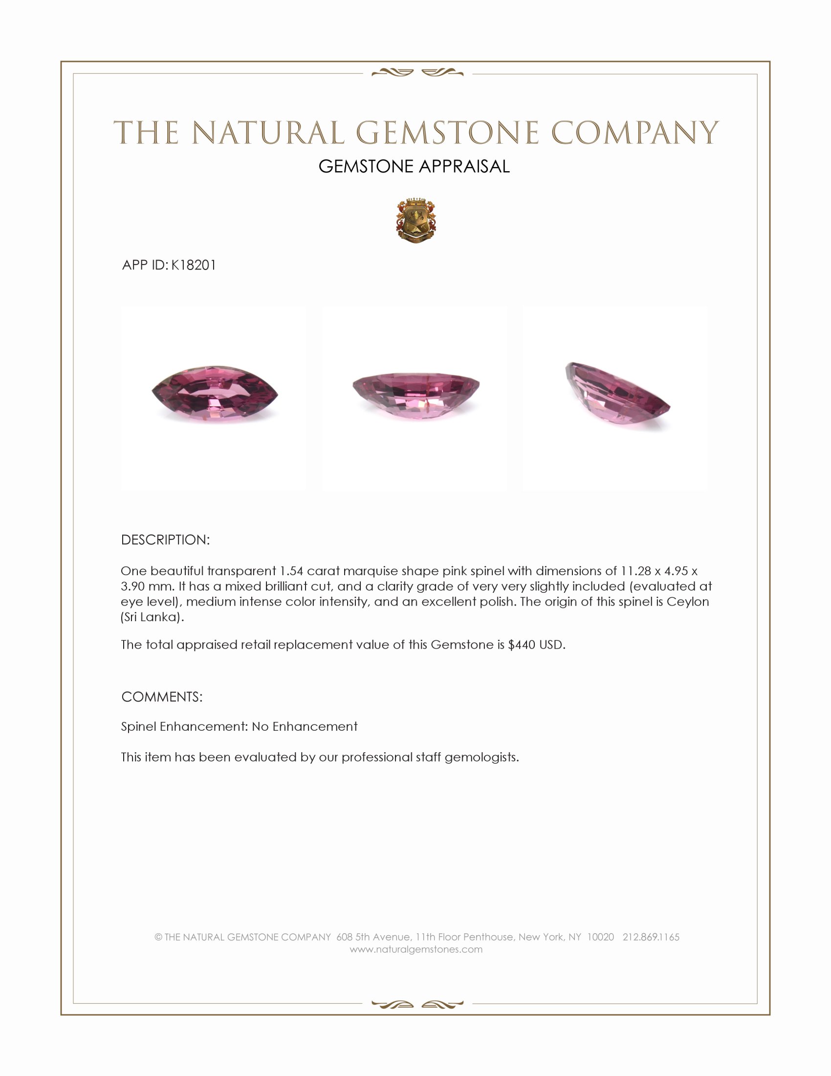 1.54 Ct. Spinel from Ceylon (Sri Lanka)