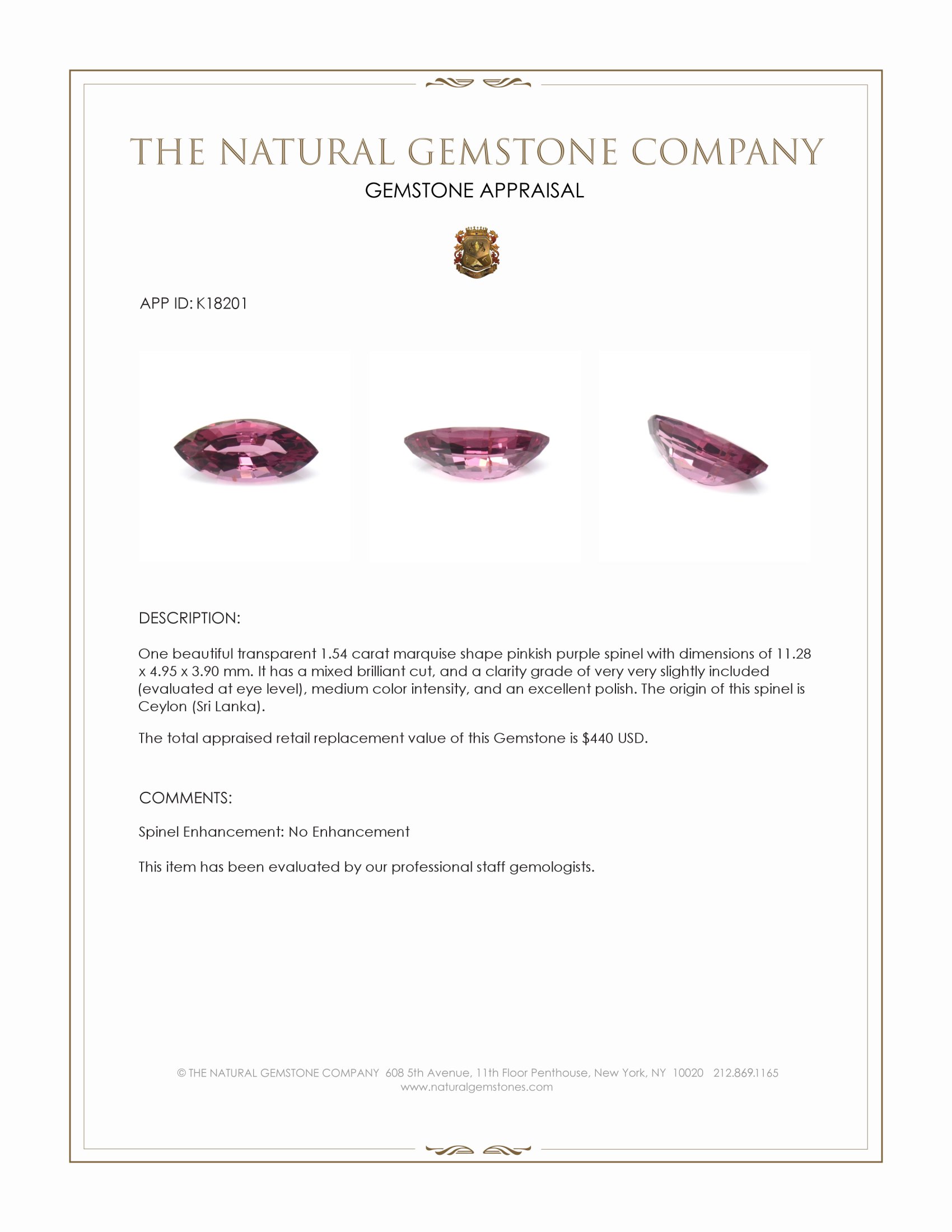 1.54 Ct. Pinkish Purple Spinel from Ceylon (Sri Lanka)