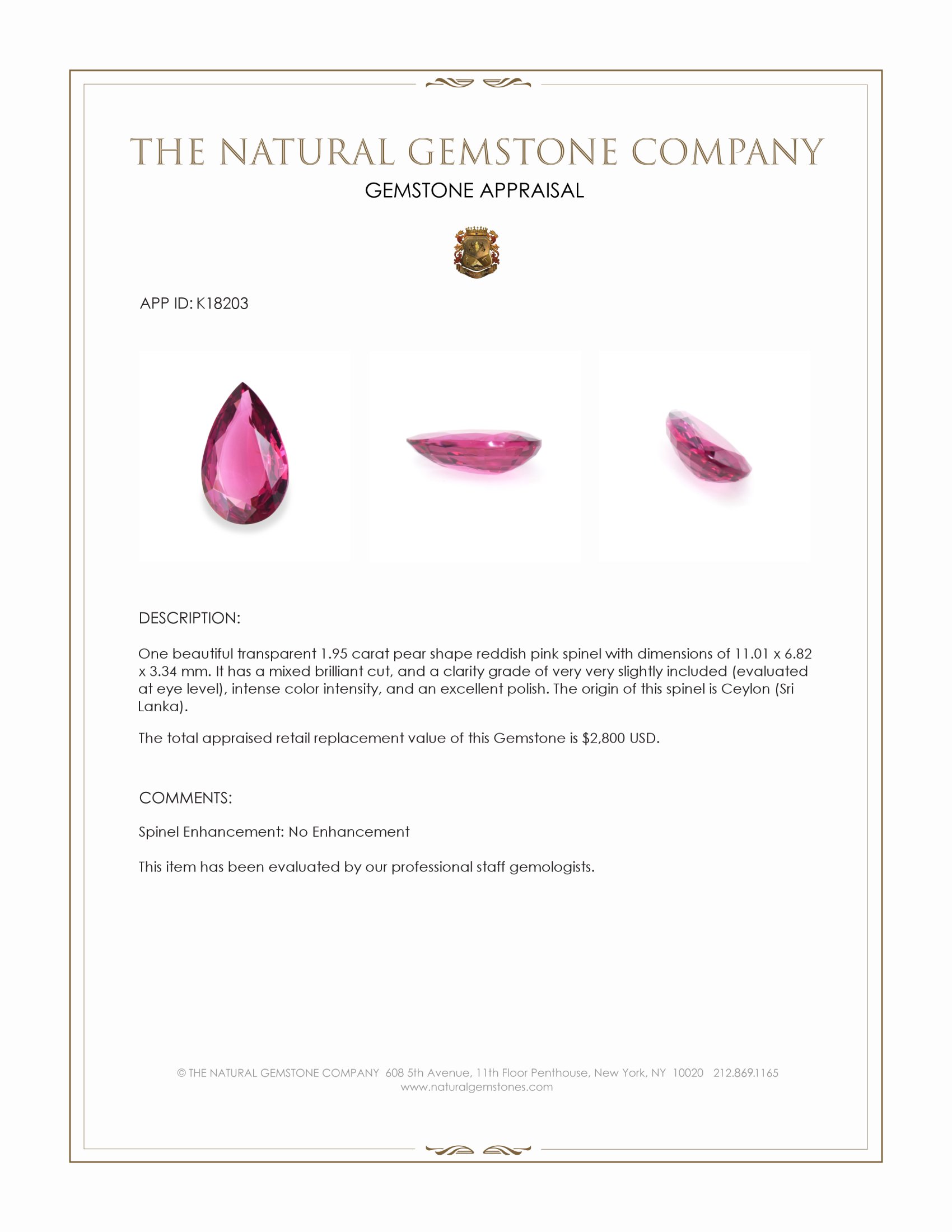 1.95 Ct. Reddish Pink Spinel from Ceylon (Sri Lanka)