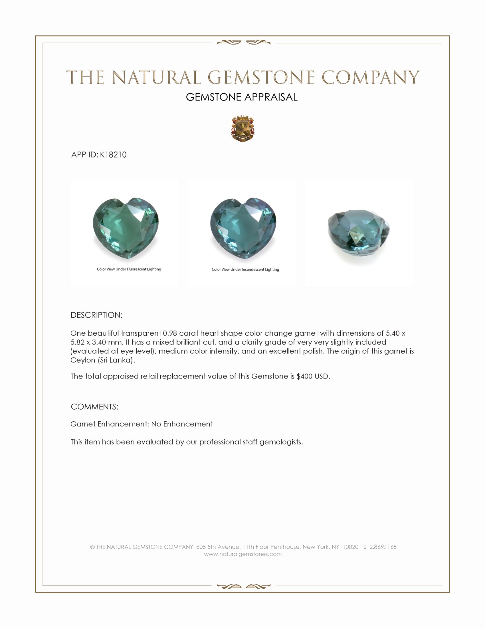 0.98 Ct. Color Change Garnet from Ceylon (Sri Lanka)