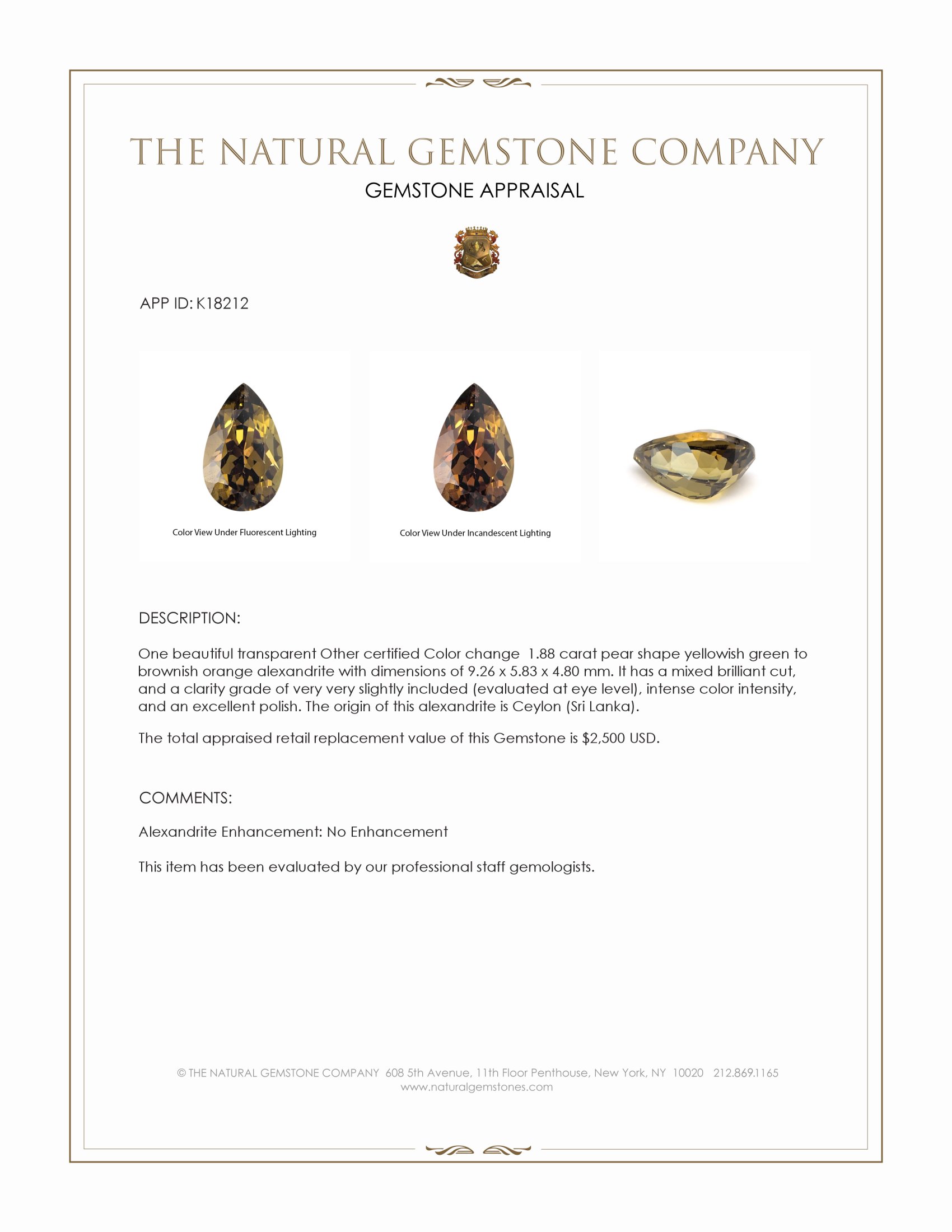 1.88 Ct. Alexandrite from Ceylon (Sri Lanka)