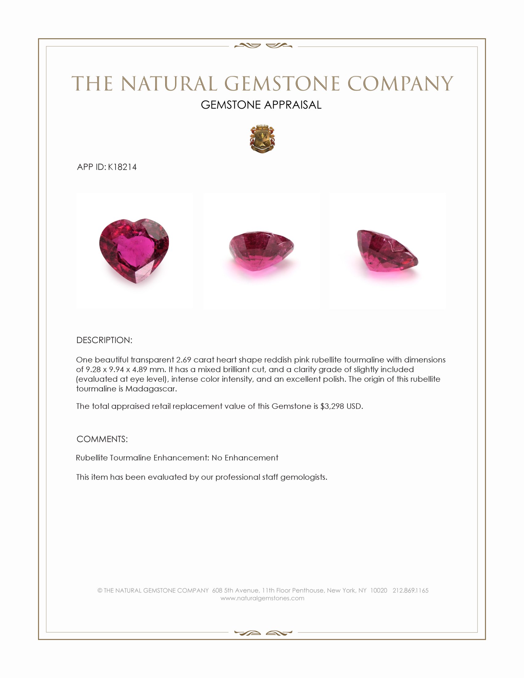 2.69 Ct. Reddish Pink Rubellite Tourmaline from Madagascar