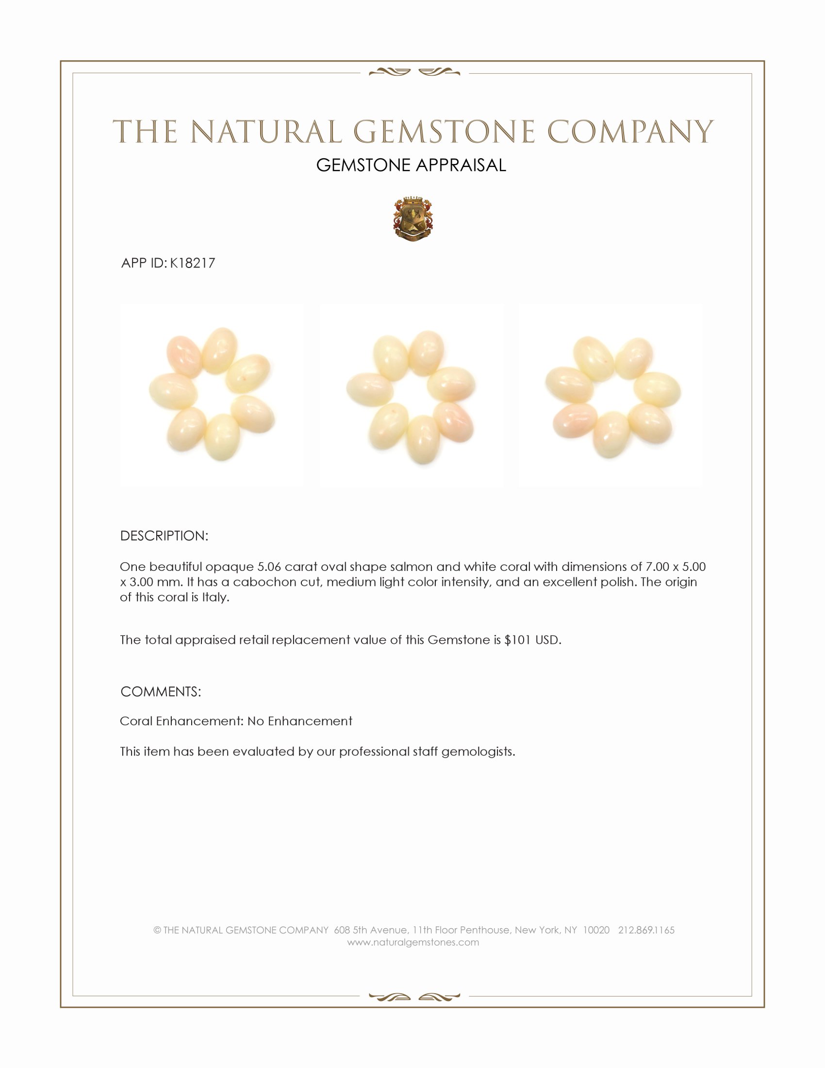 5.60 Ct. Salmon and White Cabochon Coral from Italy