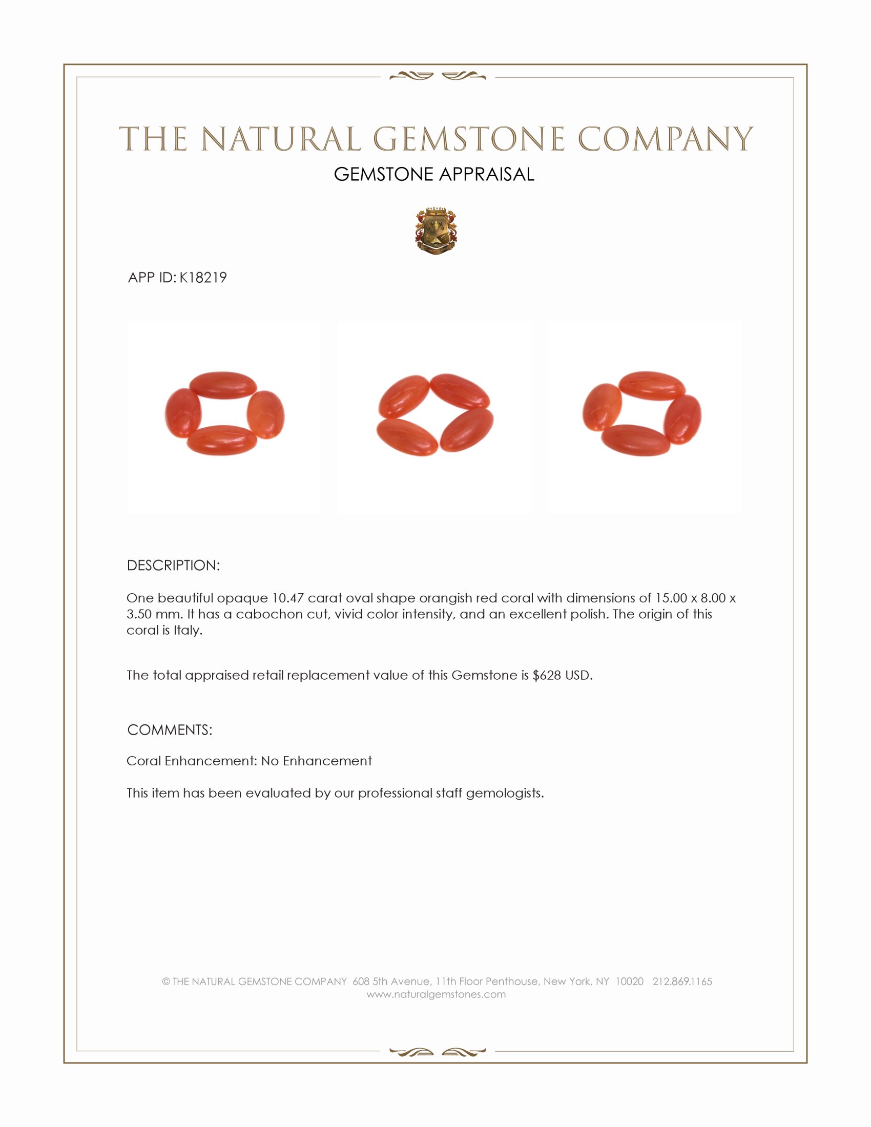 10.47 Ct. Cabochon Coral from Italy