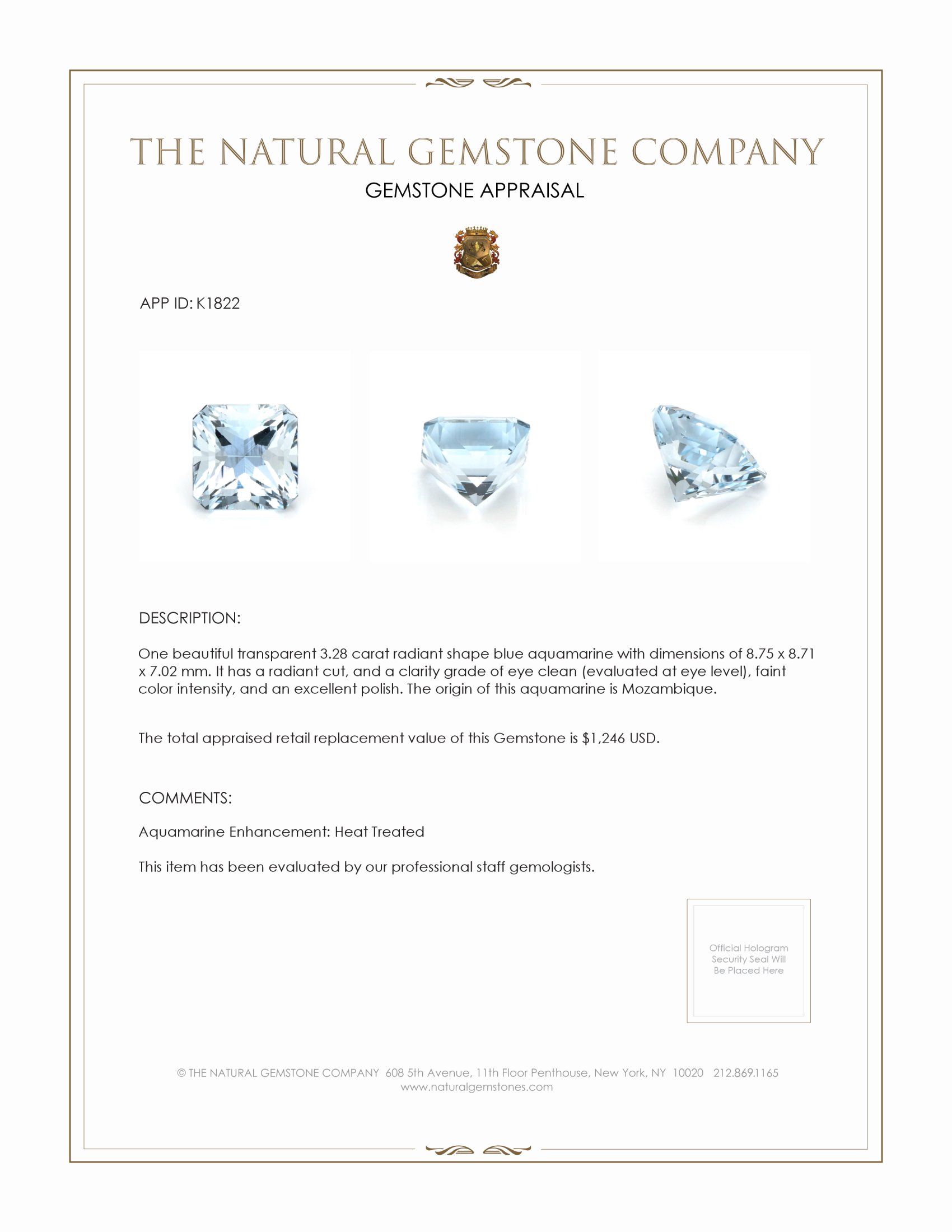 3.28 Ct. Aquamarine from Mozambique