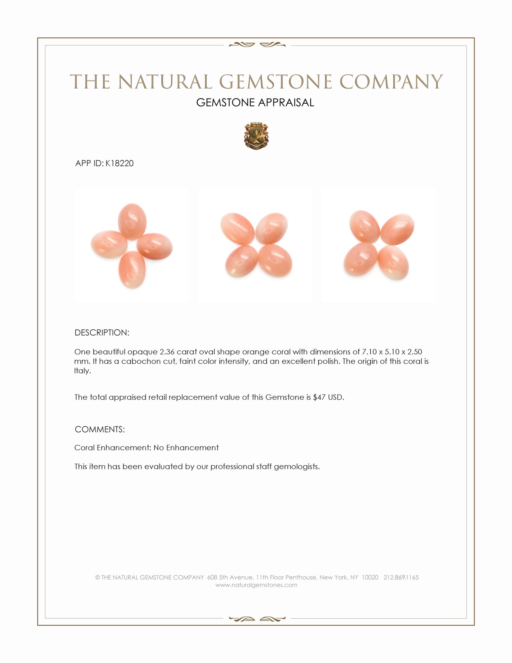 2.36 Ct. Cabochon Coral from Italy