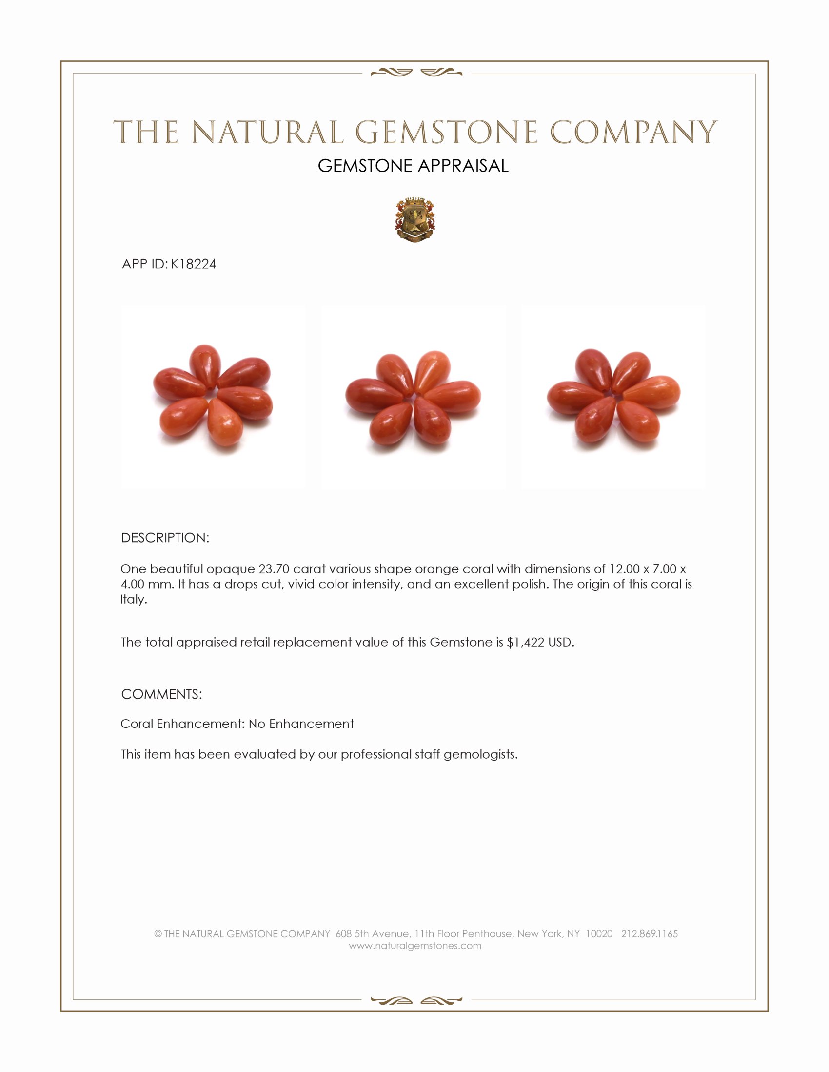 23.70 Ct. Salmon (Orangish Red) Coral from Italy