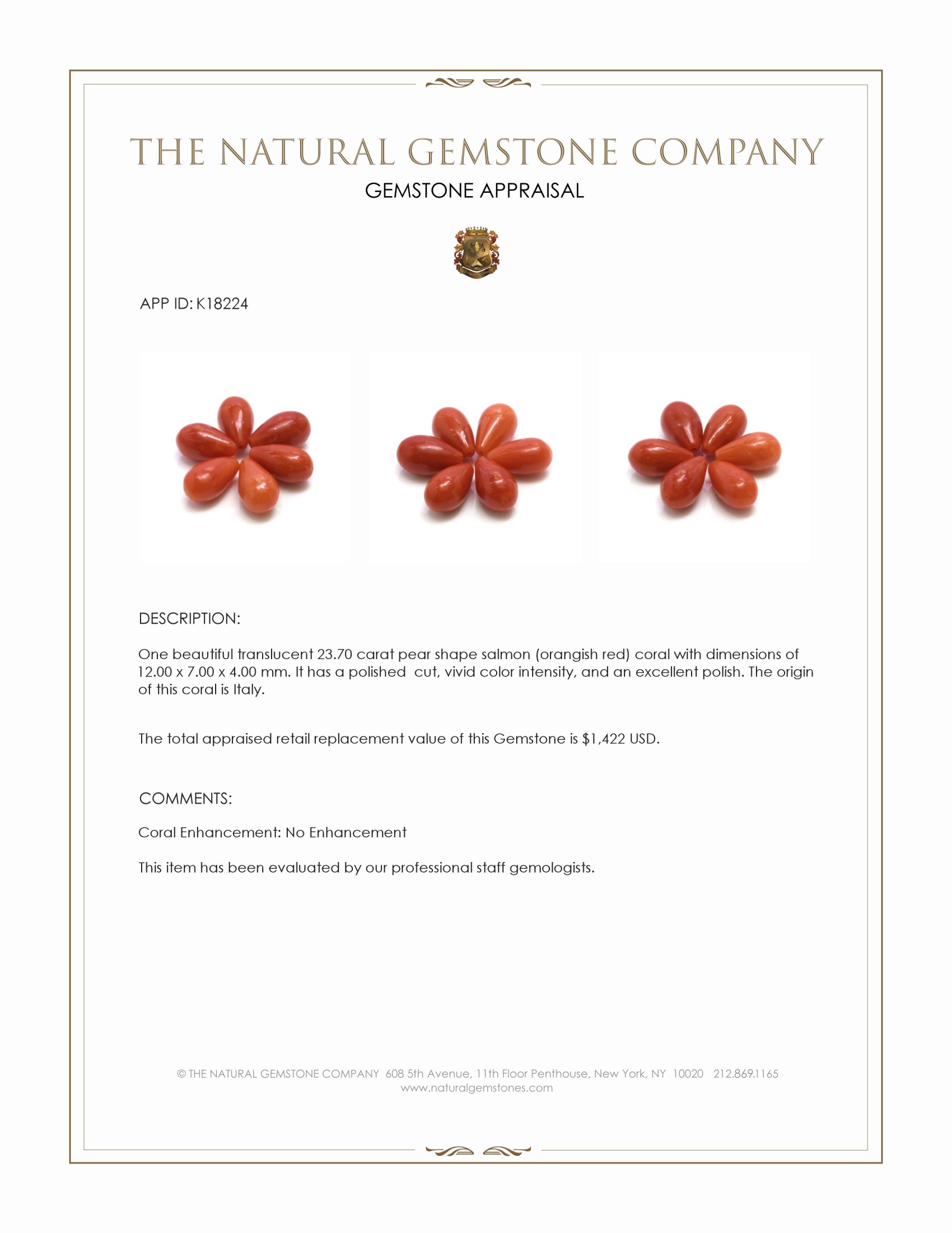 23.70 Ct. Salmon (Orangish Red) Coral from Italy