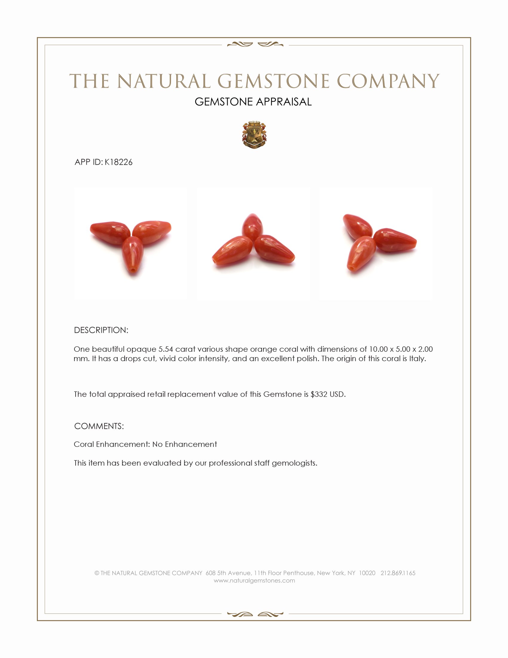 5.54 Ct. Salmon (Orangish Red) Coral from Italy