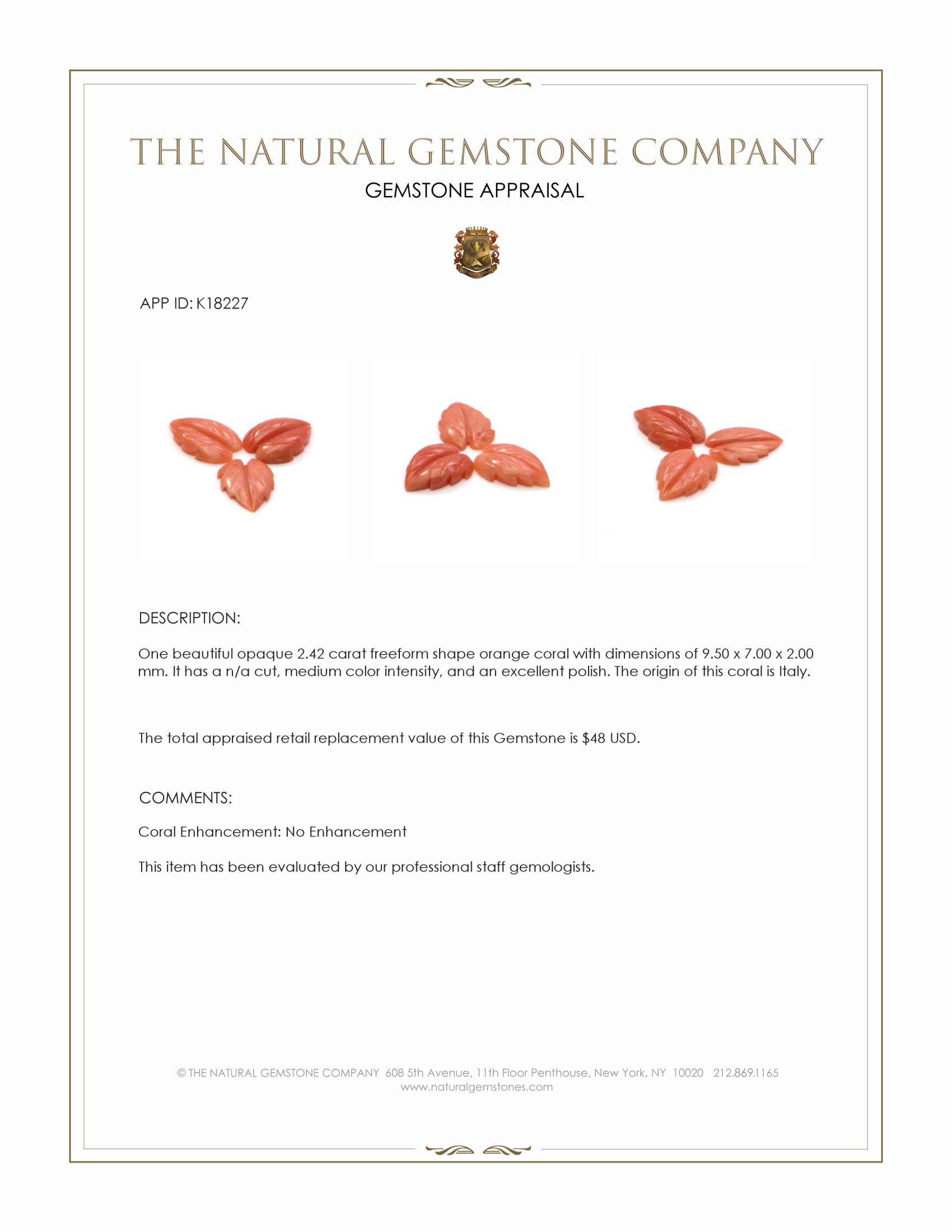 2.42 Ct. Salmon (Orange) Coral from Italy