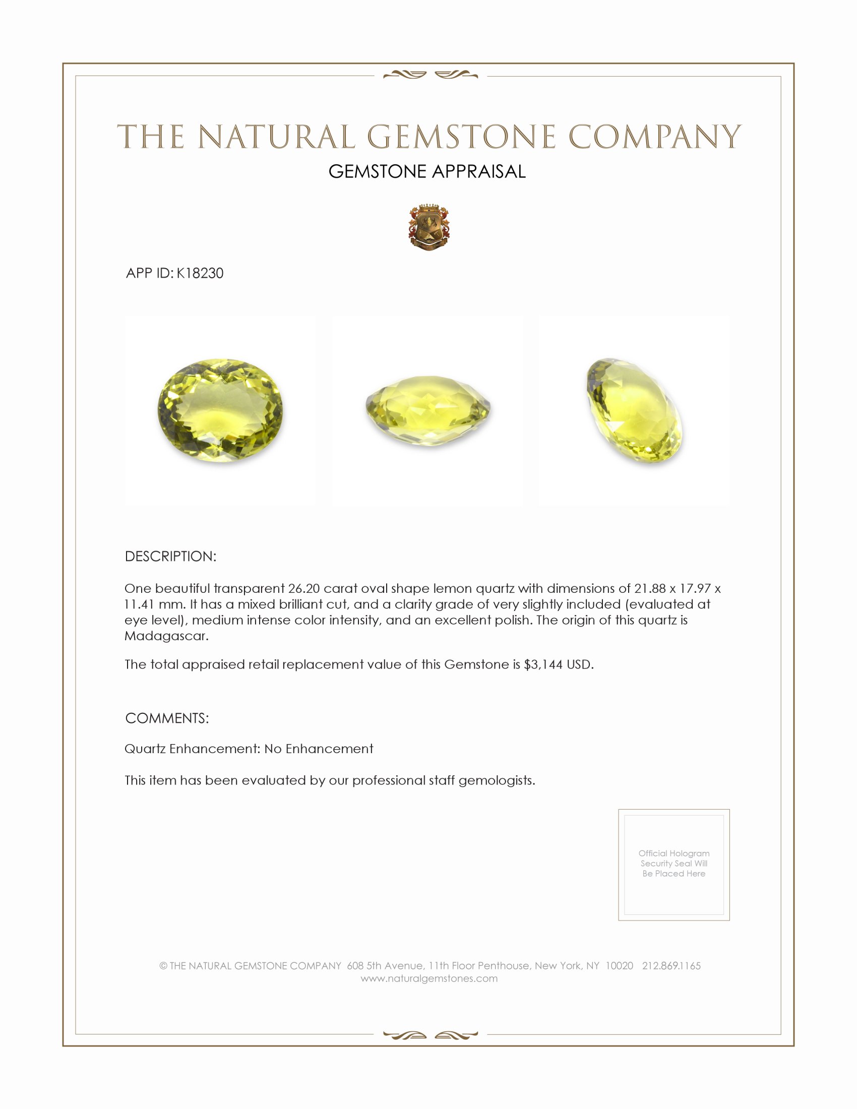 26.20 Ct. Lemon Quartz from Madagascar