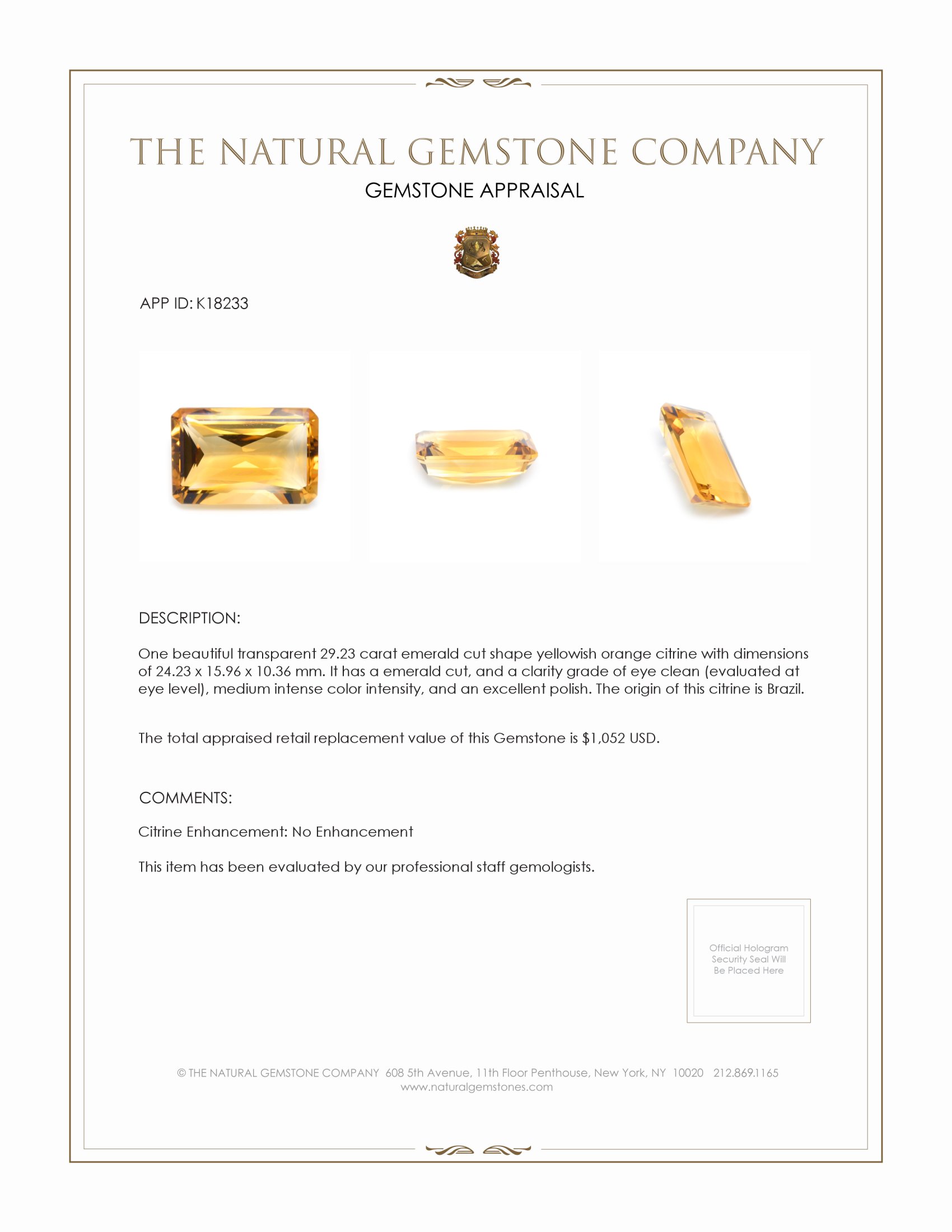 29.23 Ct. Yellowish Orange Citrine from Brazil