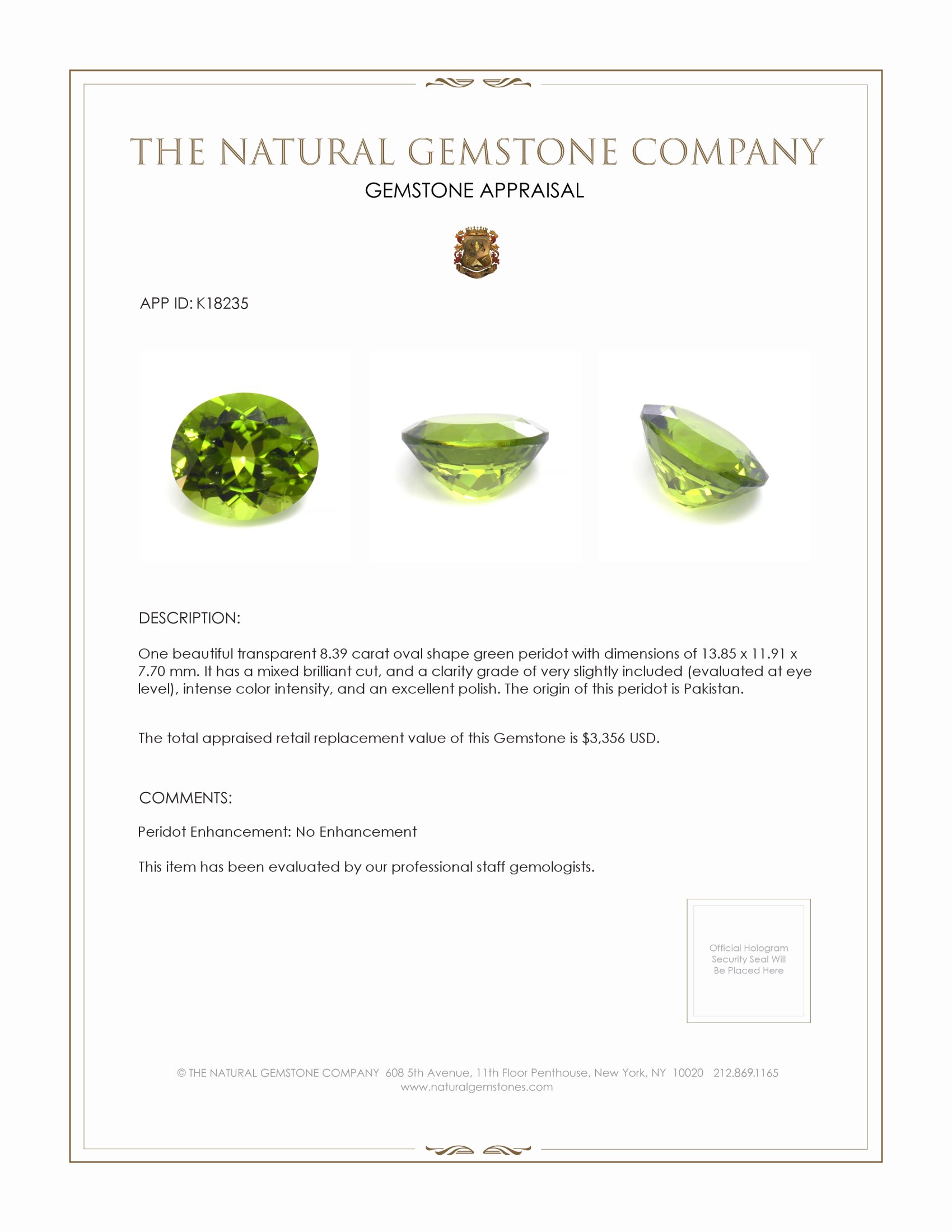 8.39 Ct. Peridot from Pakistan