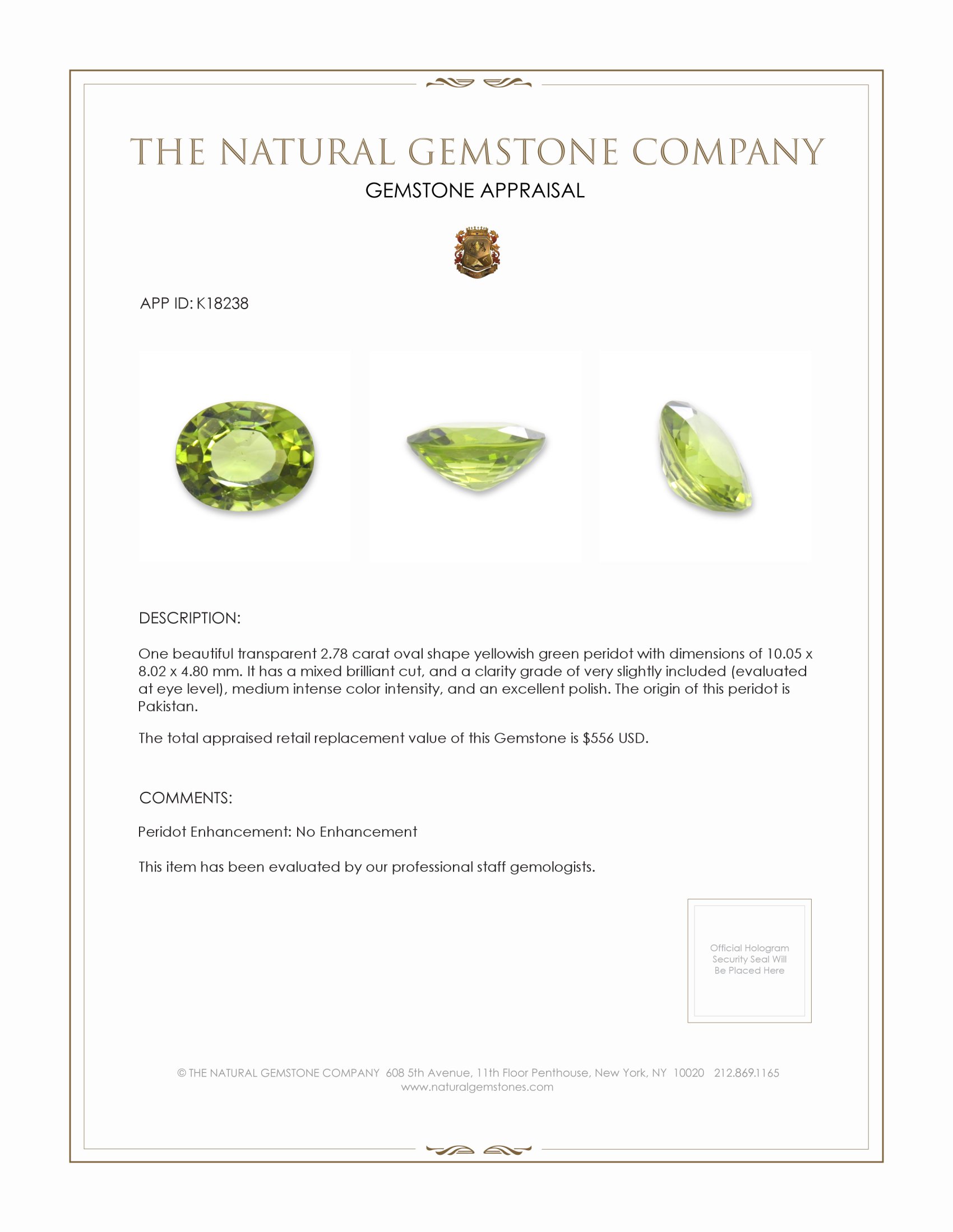 2.78 Ct. Yellowish Green Peridot from Pakistan