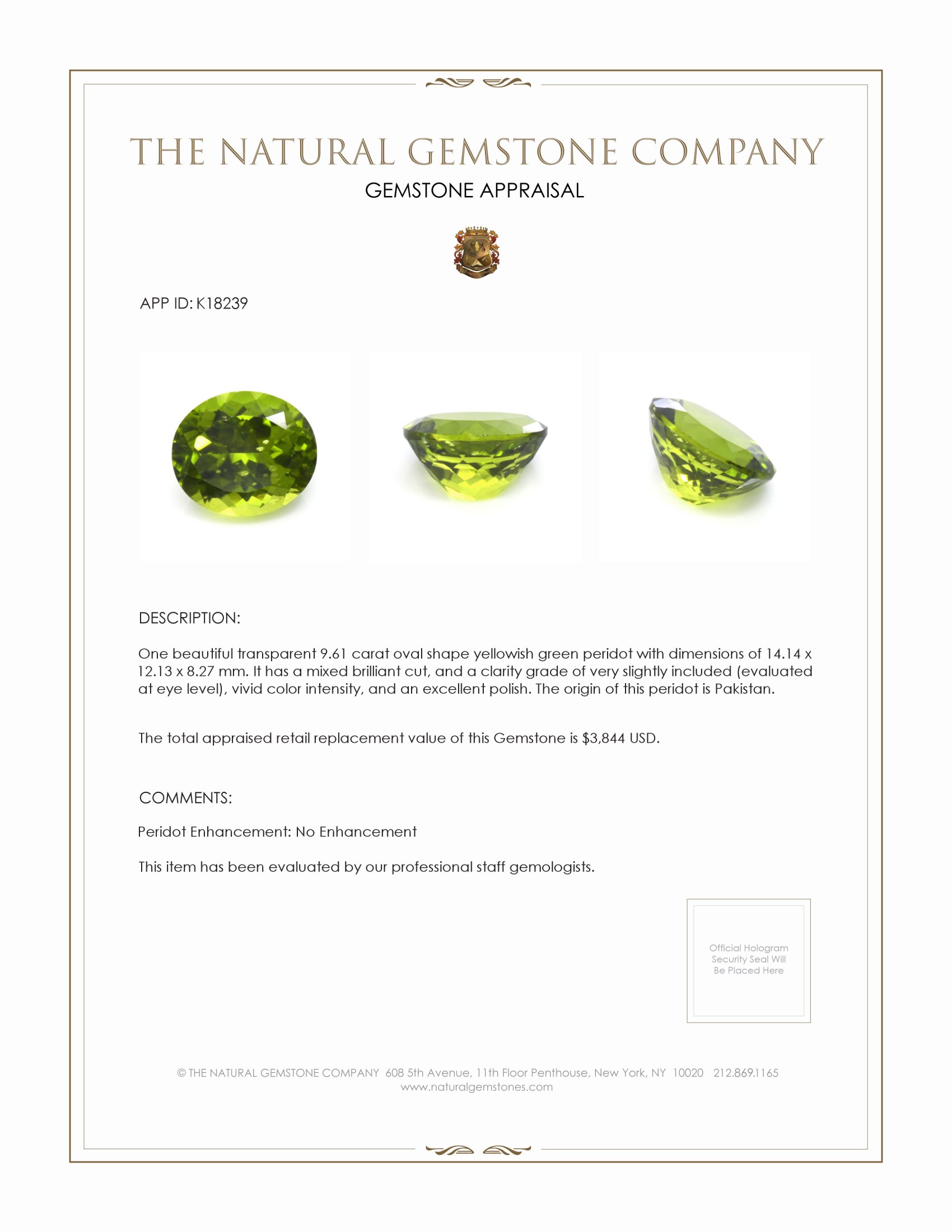9.61 Ct. Peridot from Pakistan