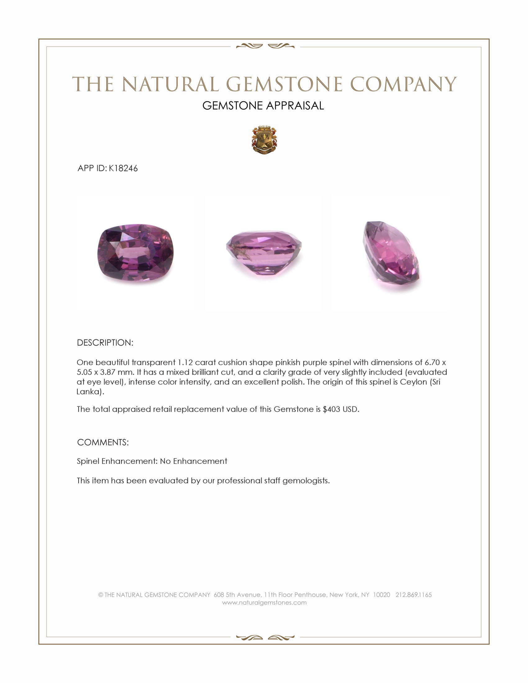 1.12 Ct. Pinkish Purple Spinel from Ceylon (Sri Lanka)