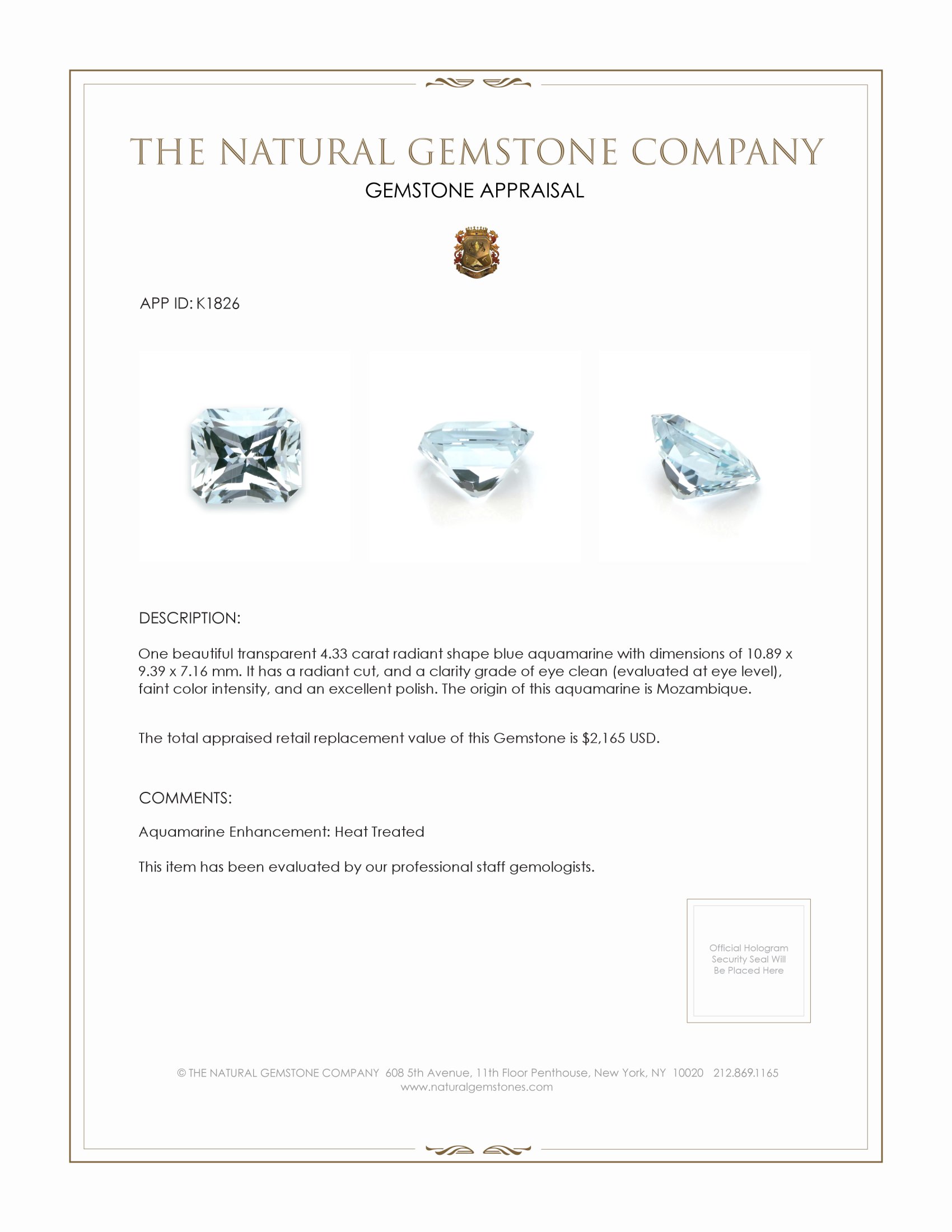 4.33 Ct. Aquamarine from Mozambique