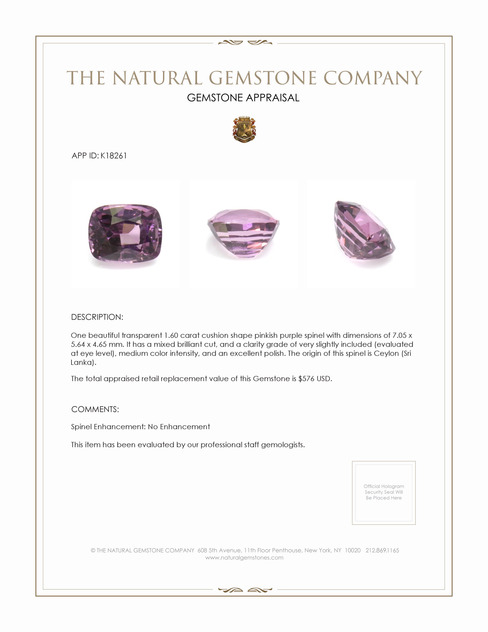 1.60 Ct. Pinkish Purple Spinel from Ceylon (Sri Lanka)