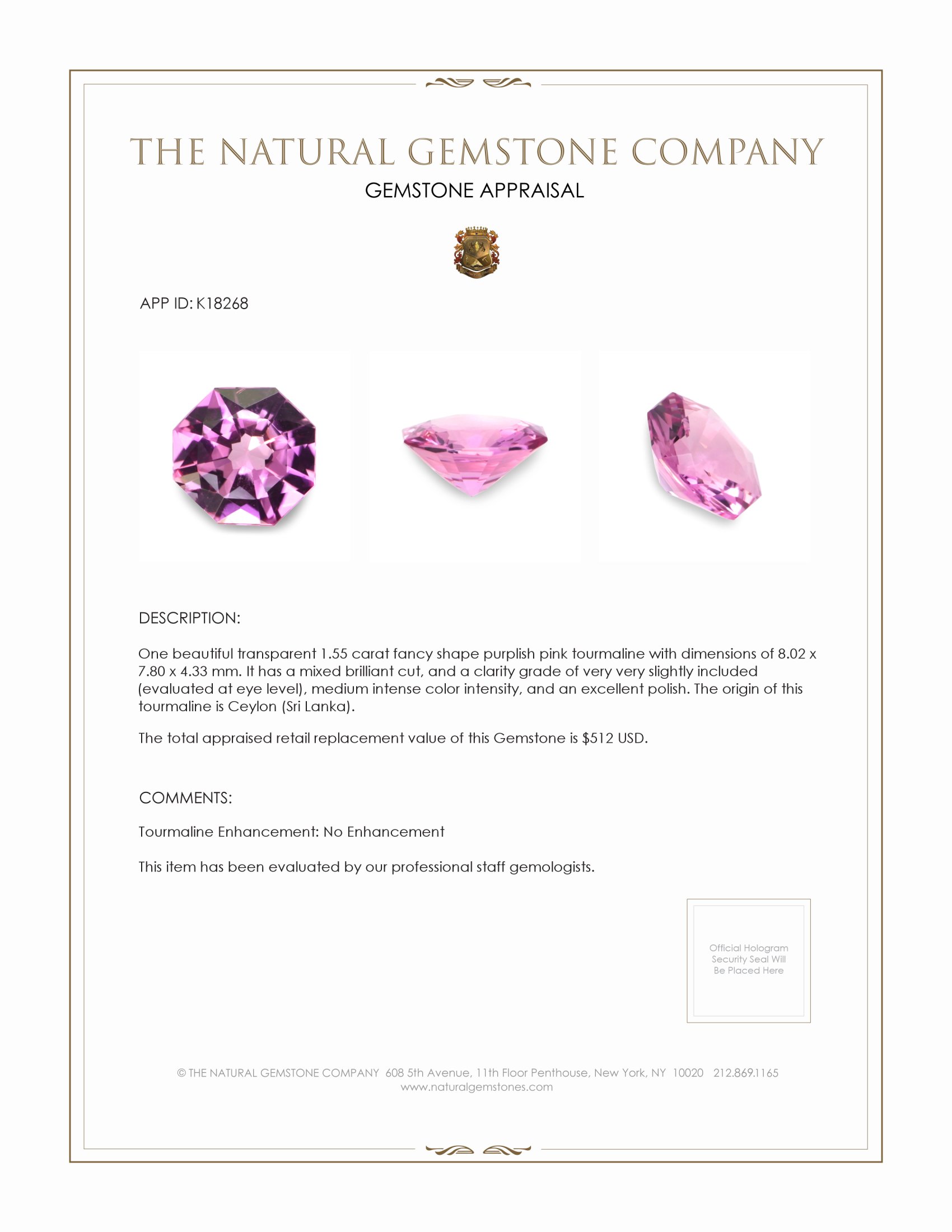 1.55 Ct. Purplish Pink Tourmaline from Ceylon (Sri Lanka)