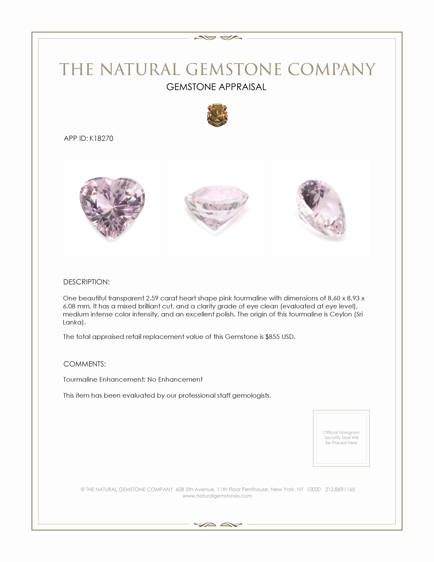 2.59 Ct. Pink Tourmaline from Ceylon (Sri Lanka)