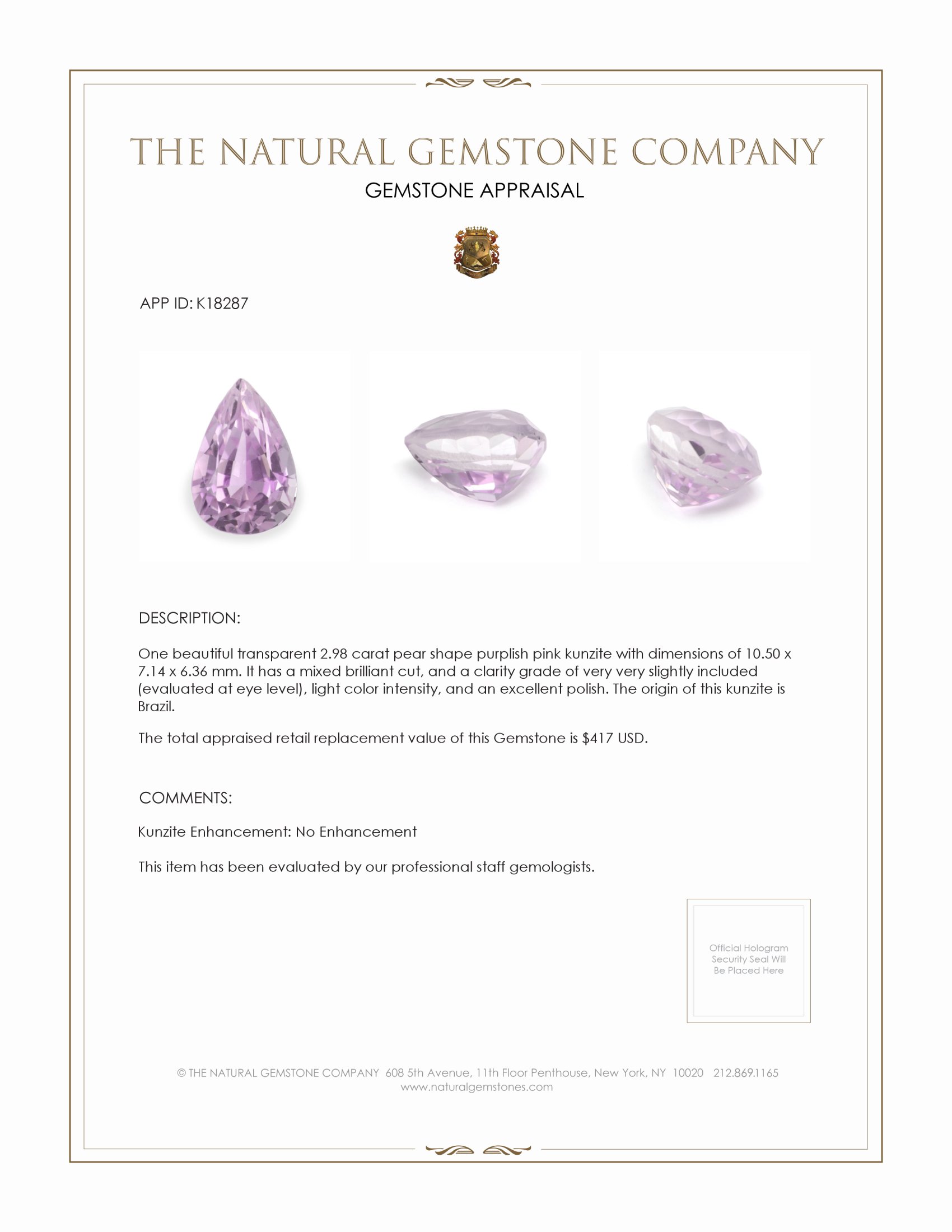 2.98 Ct. Kunzite from Brazil