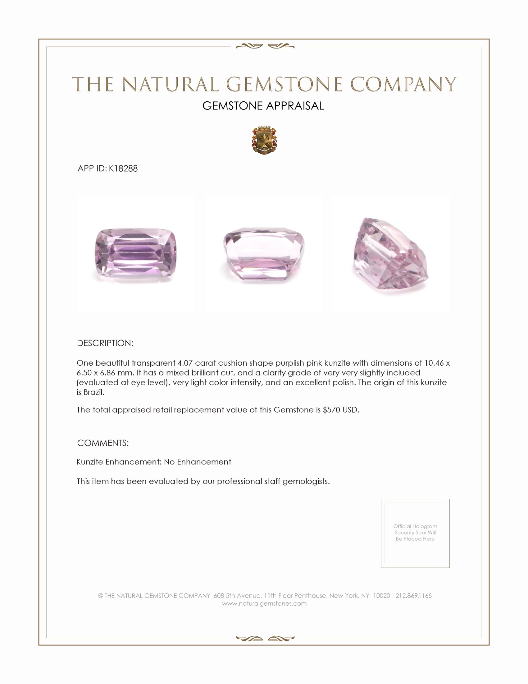 4.07 Ct. Kunzite from Brazil