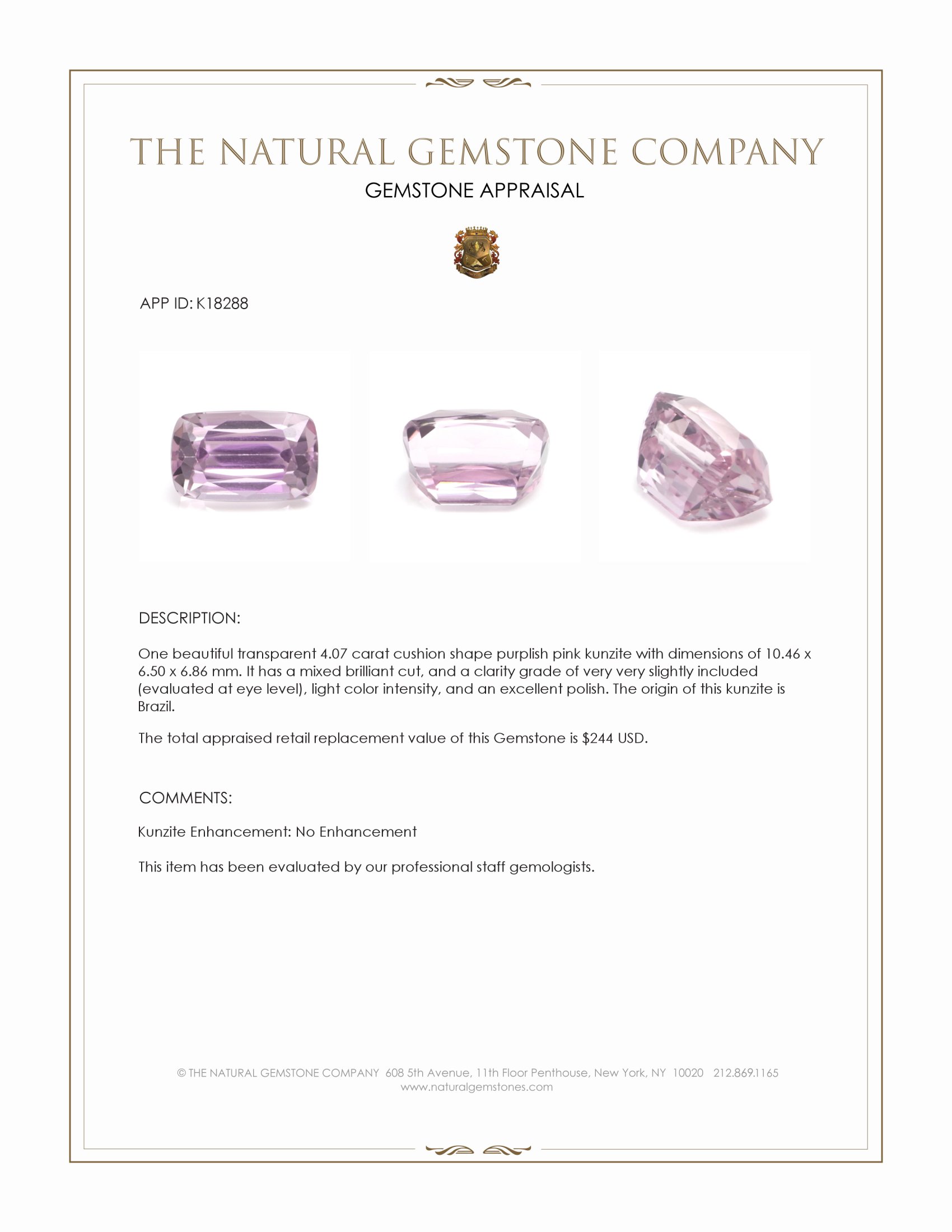 4.07 Ct. Purplish Pink Kunzite from Brazil