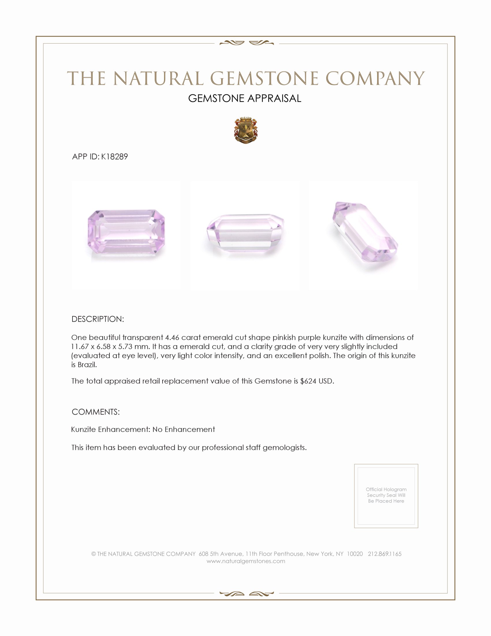 4.46 Ct. Kunzite from Brazil