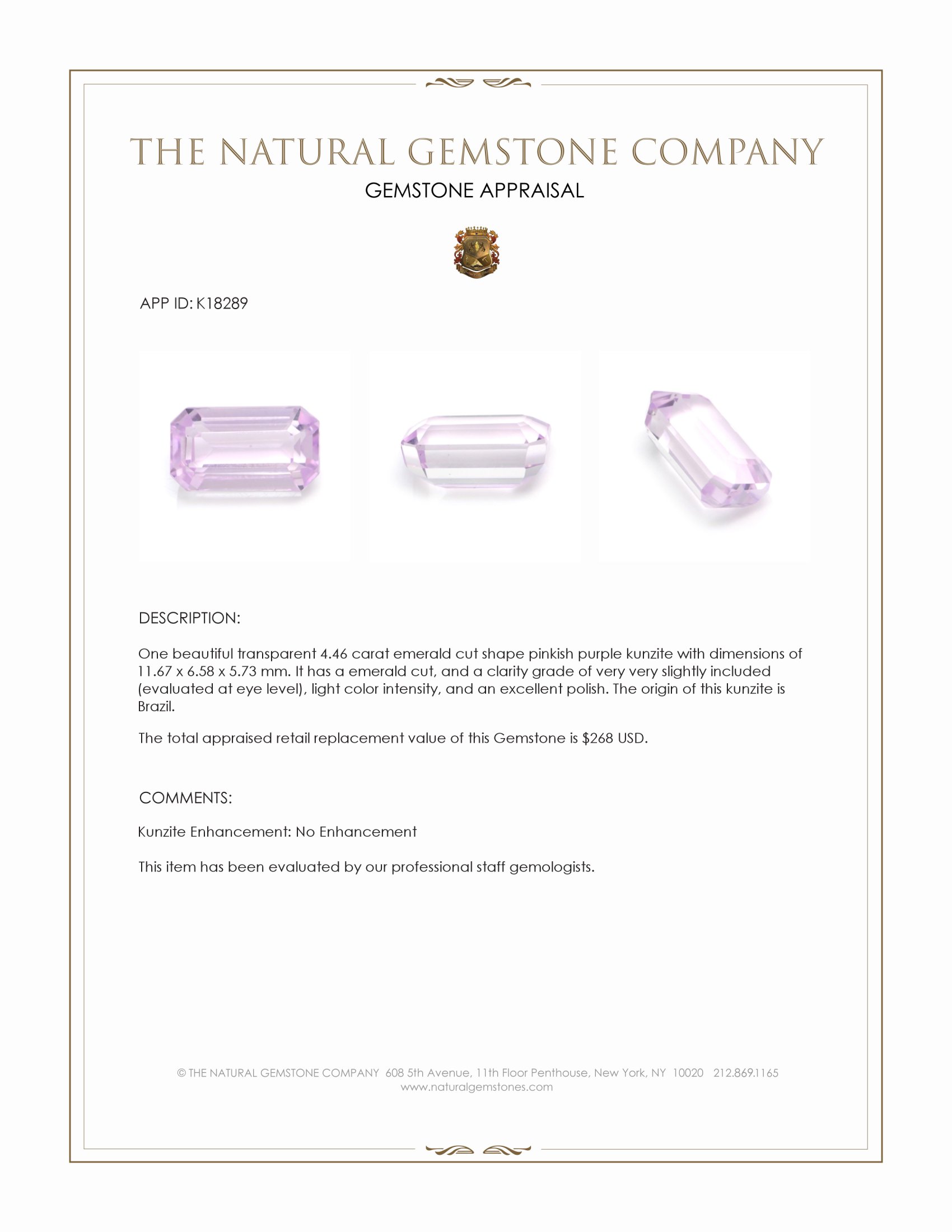 4.46 Ct. Kunzite from Brazil