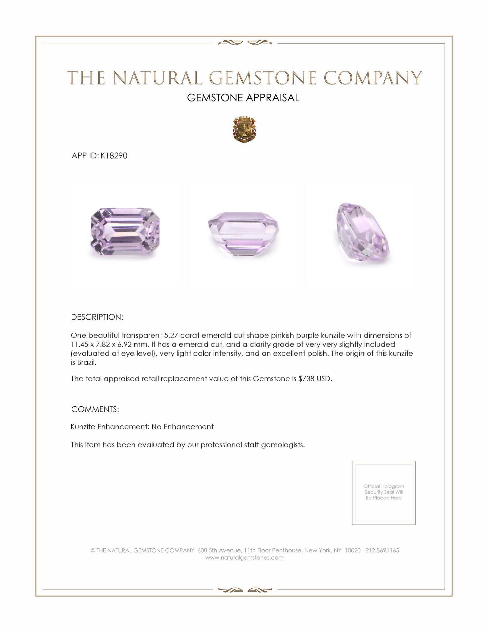 5.27 Ct. Pinkish Purple Kunzite from Brazil
