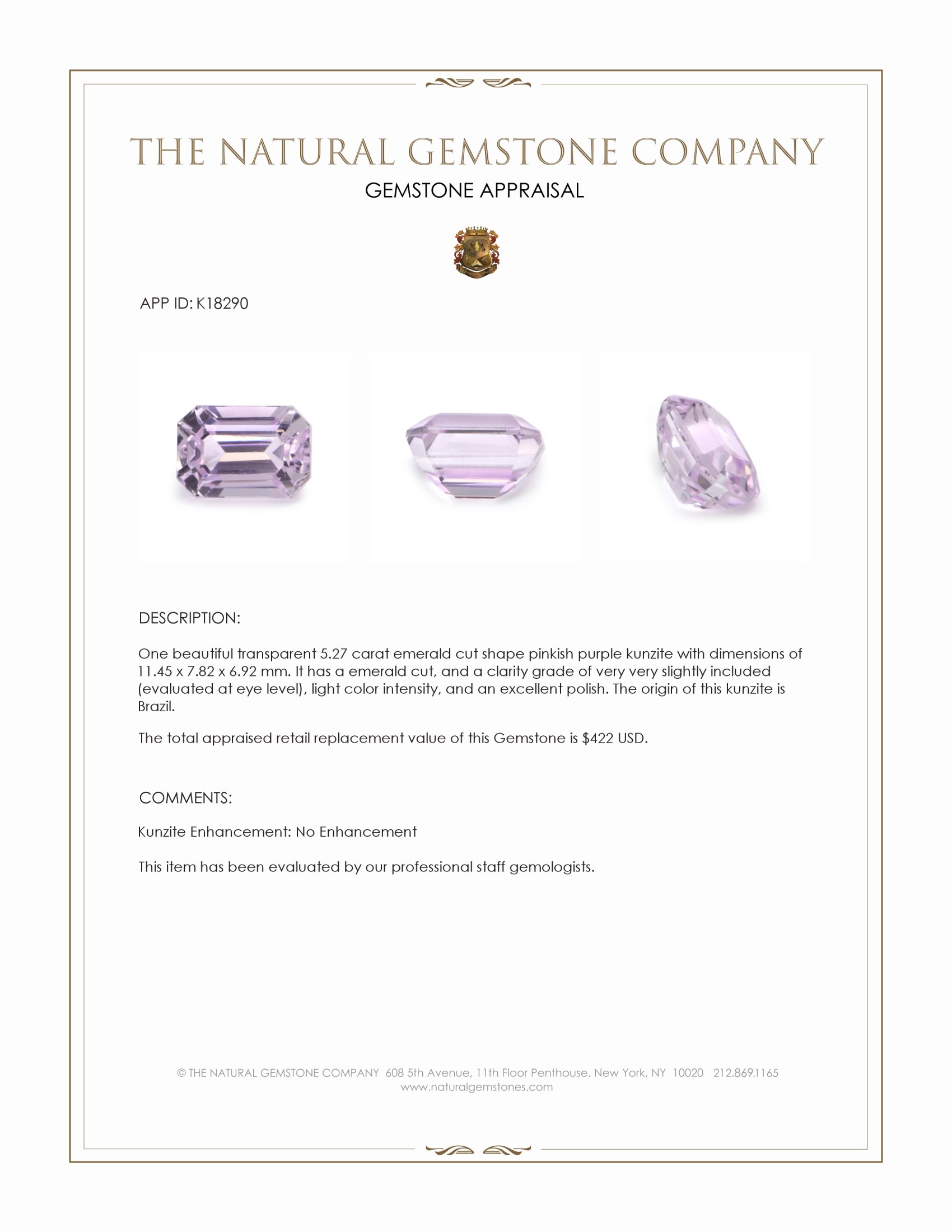 5.27 Ct. Kunzite from Brazil
