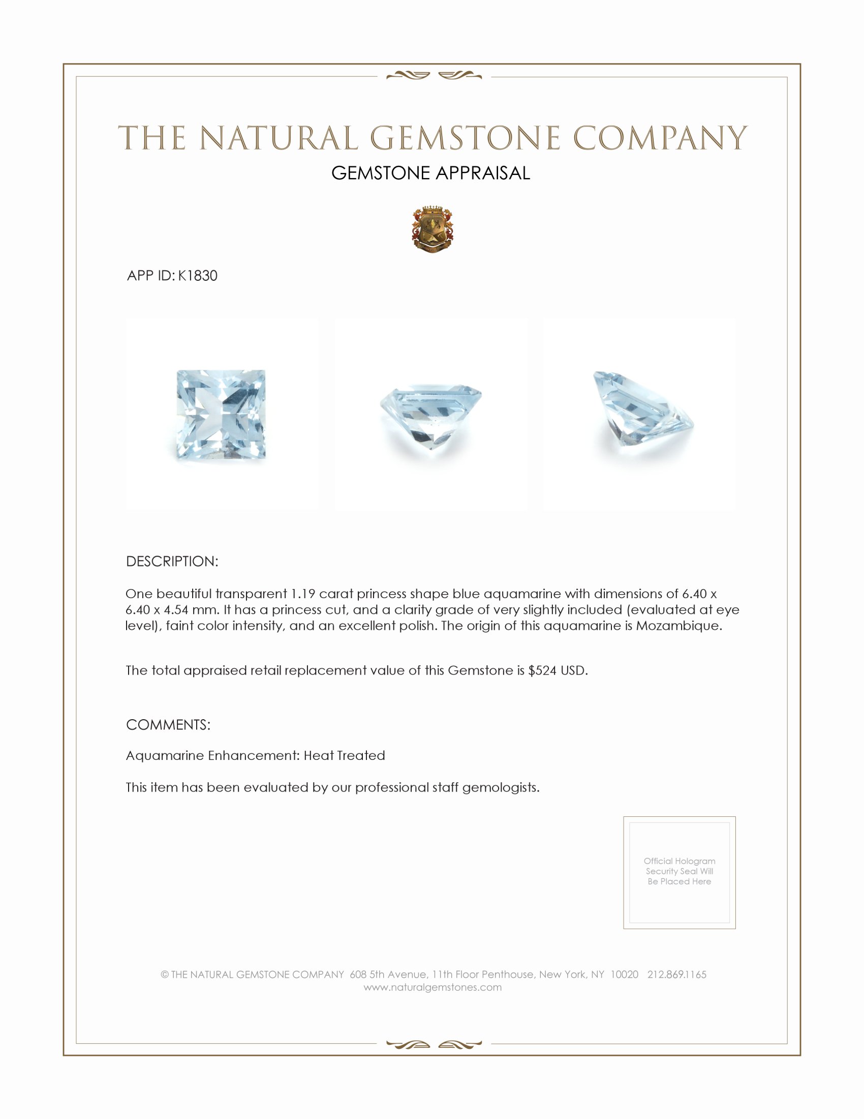 1.19 Ct. Aquamarine from Mozambique