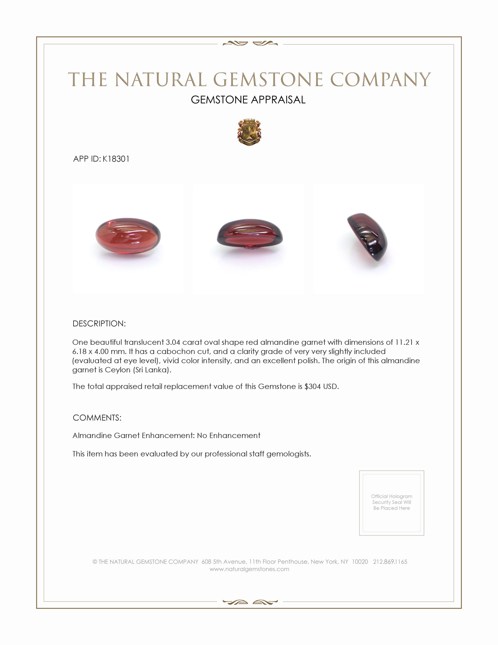 3.04 Ct. Red Cabochon Almandine Garnet from Ceylon (Sri Lanka)