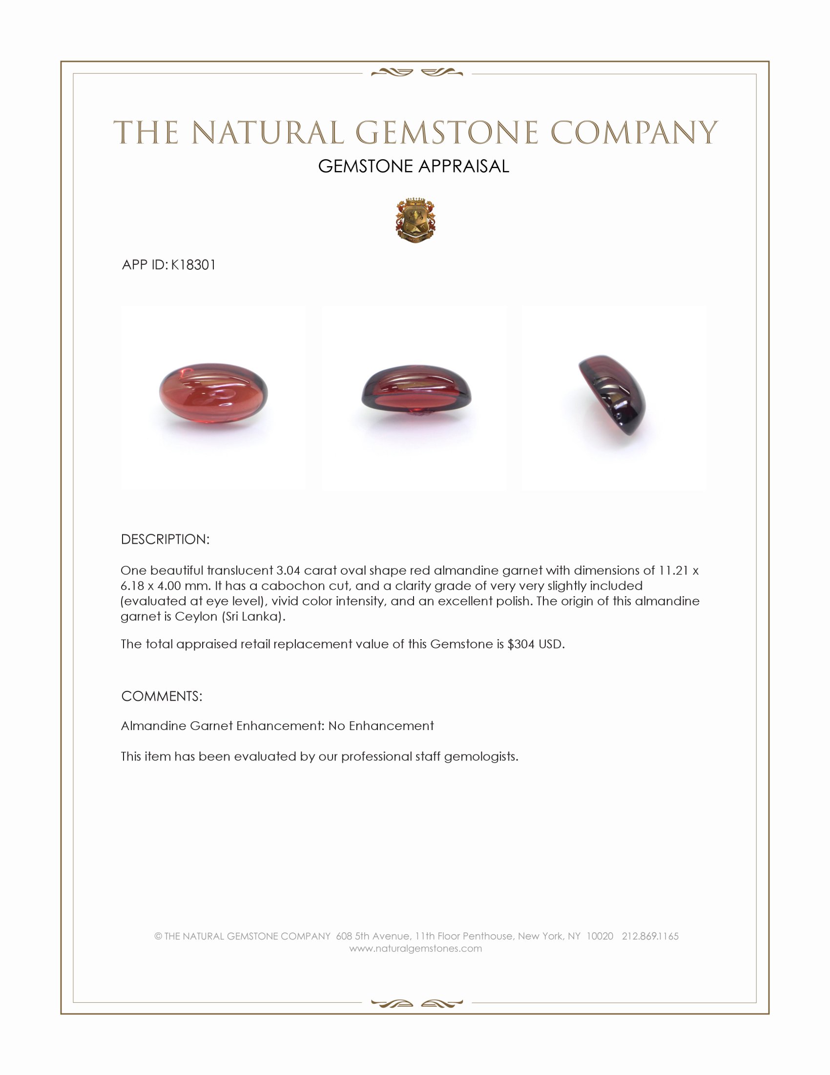 3.04 Ct. Cabochon Almandine Garnet from Ceylon (Sri Lanka)