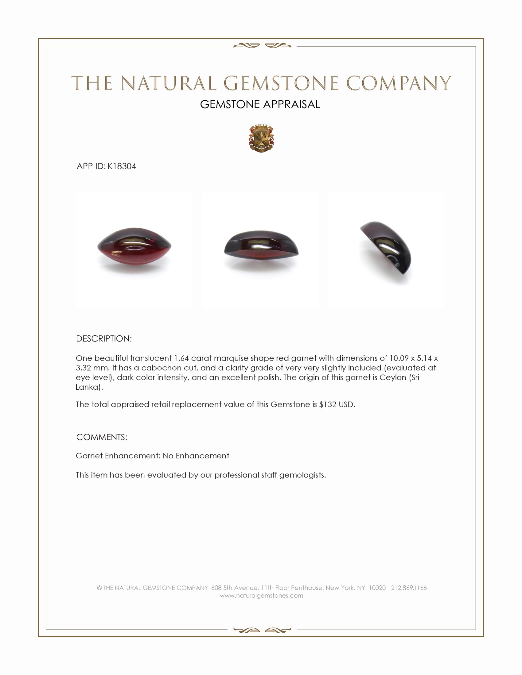 1.64 Ct. Red Cabochon Garnet from Ceylon (Sri Lanka)